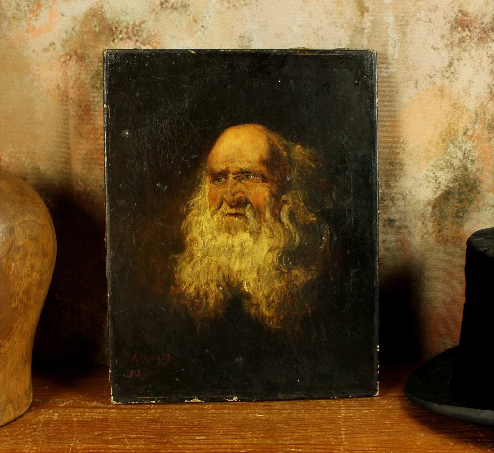 Art Antique Bearded Gentleman Oil Painting. Old Man Beard Portrait. 1913. photo