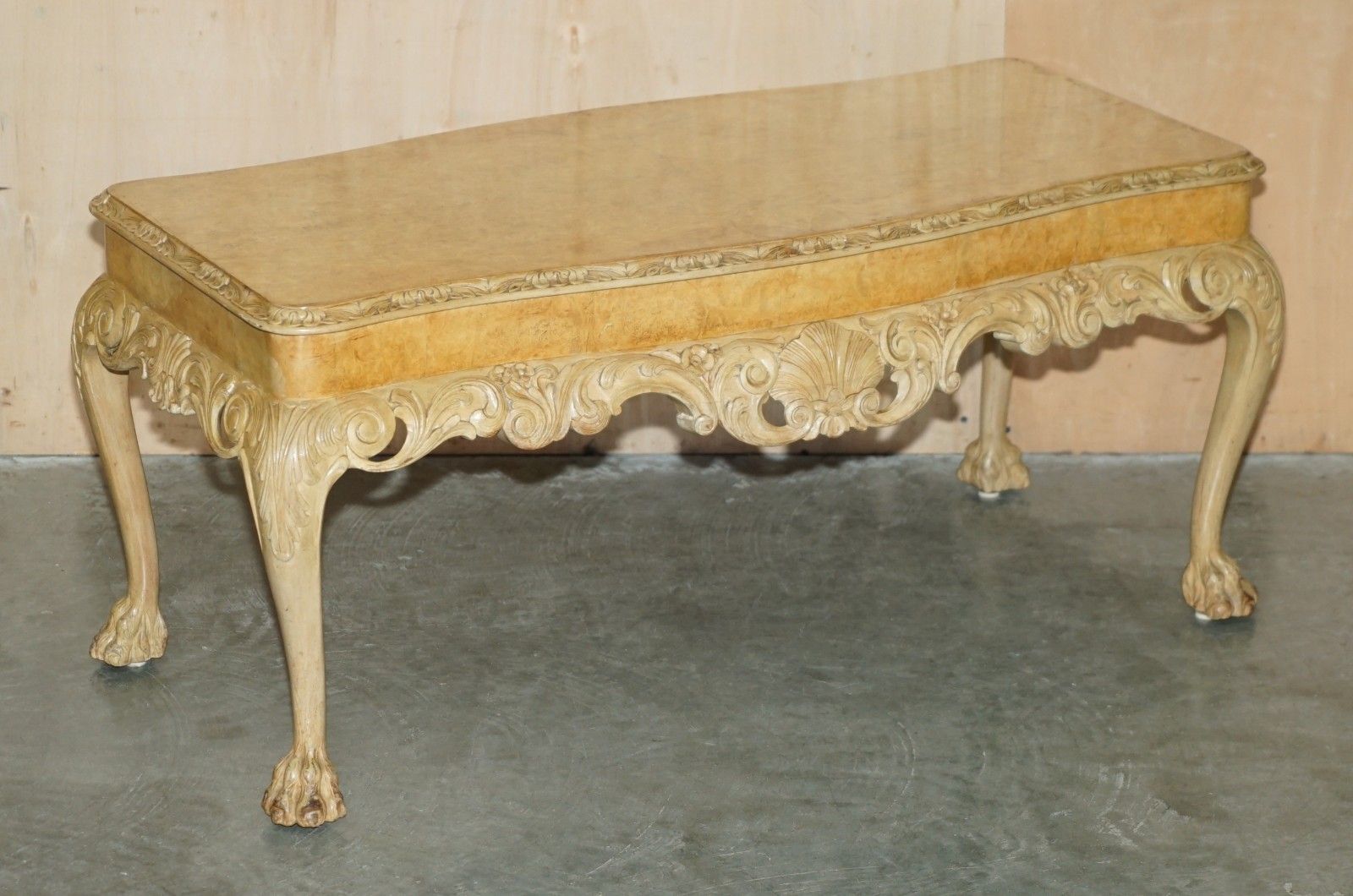 Exquisitely Hand Carved  Burr Walnut Coffee Cocktail Table Lion's Hairy Paw Legs photo furniture