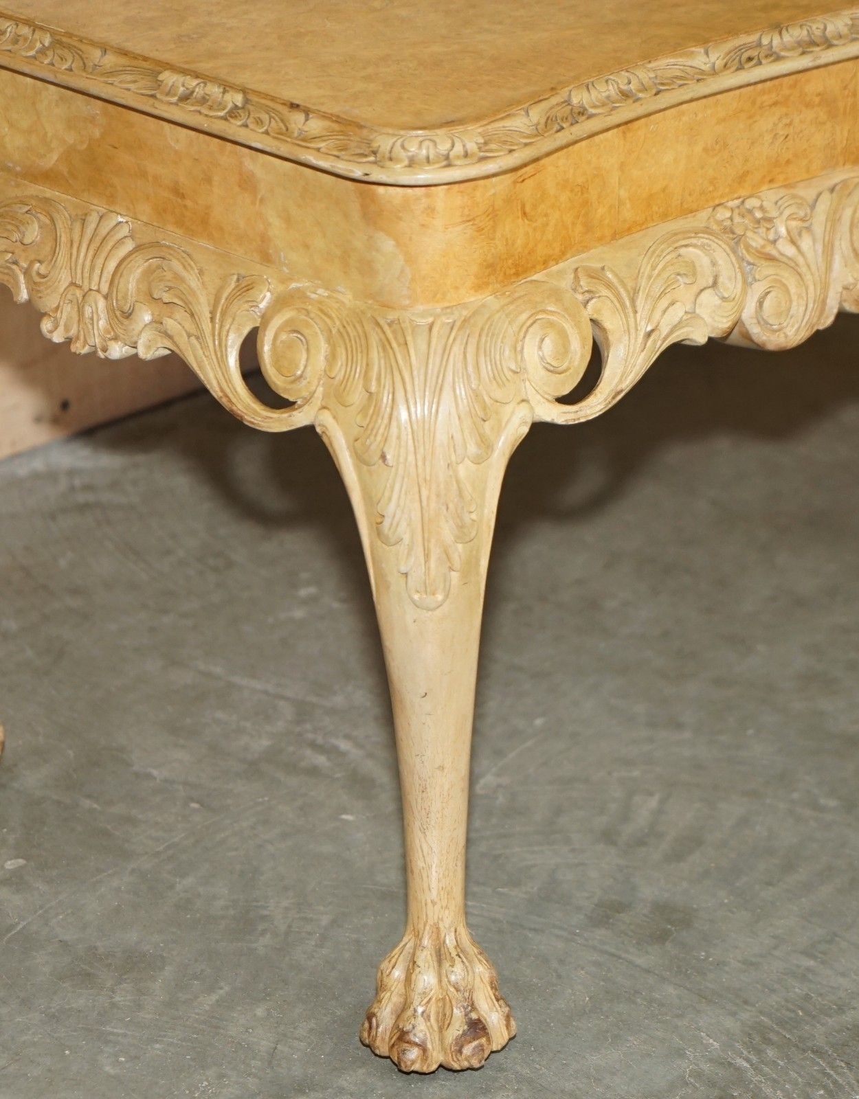 Exquisitely Hand Carved  Burr Walnut Coffee Cocktail Table Lion's Hairy Paw Legs photo vinterior