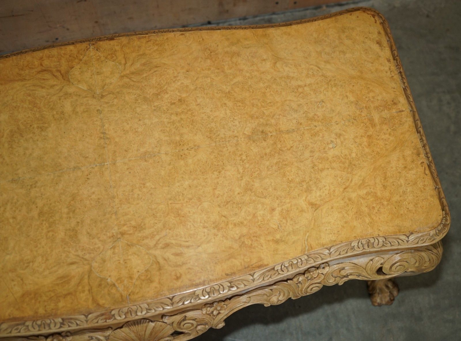 1750.0 Exquisitely Hand Carved  Burr Walnut Coffee Cocktail Table Lion's Hairy Paw Legs photo