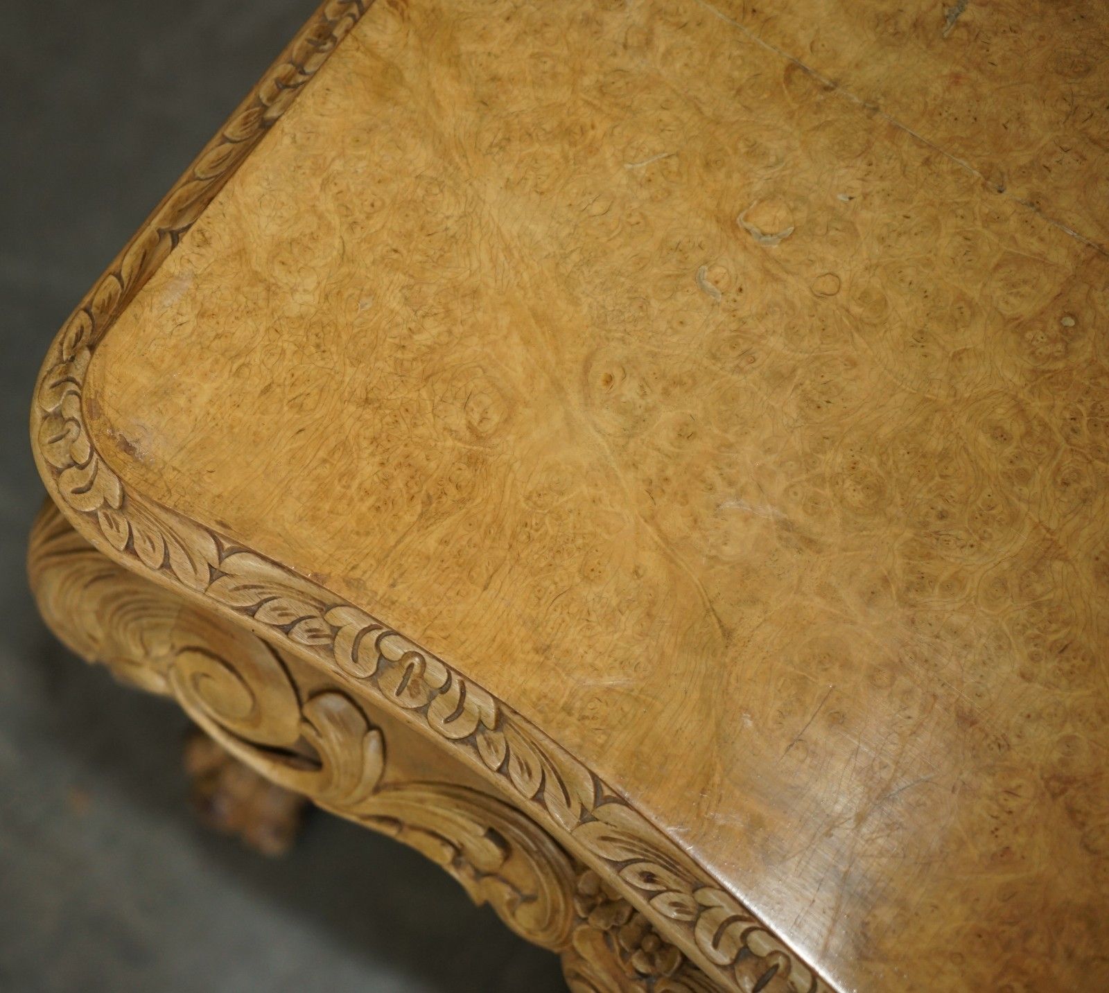 photo vintage Exquisitely Hand Carved  Burr Walnut Coffee Cocktail Table Lion's Hairy Paw Legs