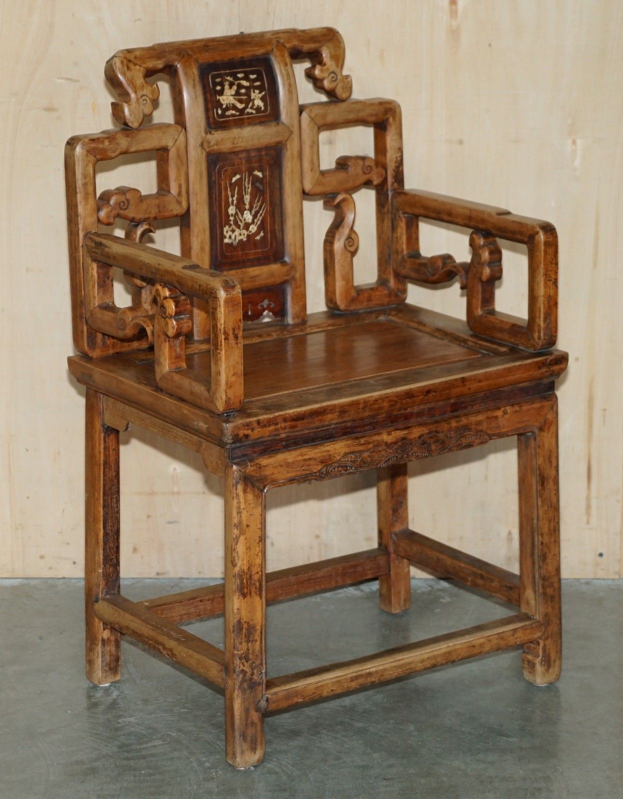 Pair Of Antique Chinese Elm Inlaid Armchairs Circa 1920 Lovely Timber Patina photo furniture