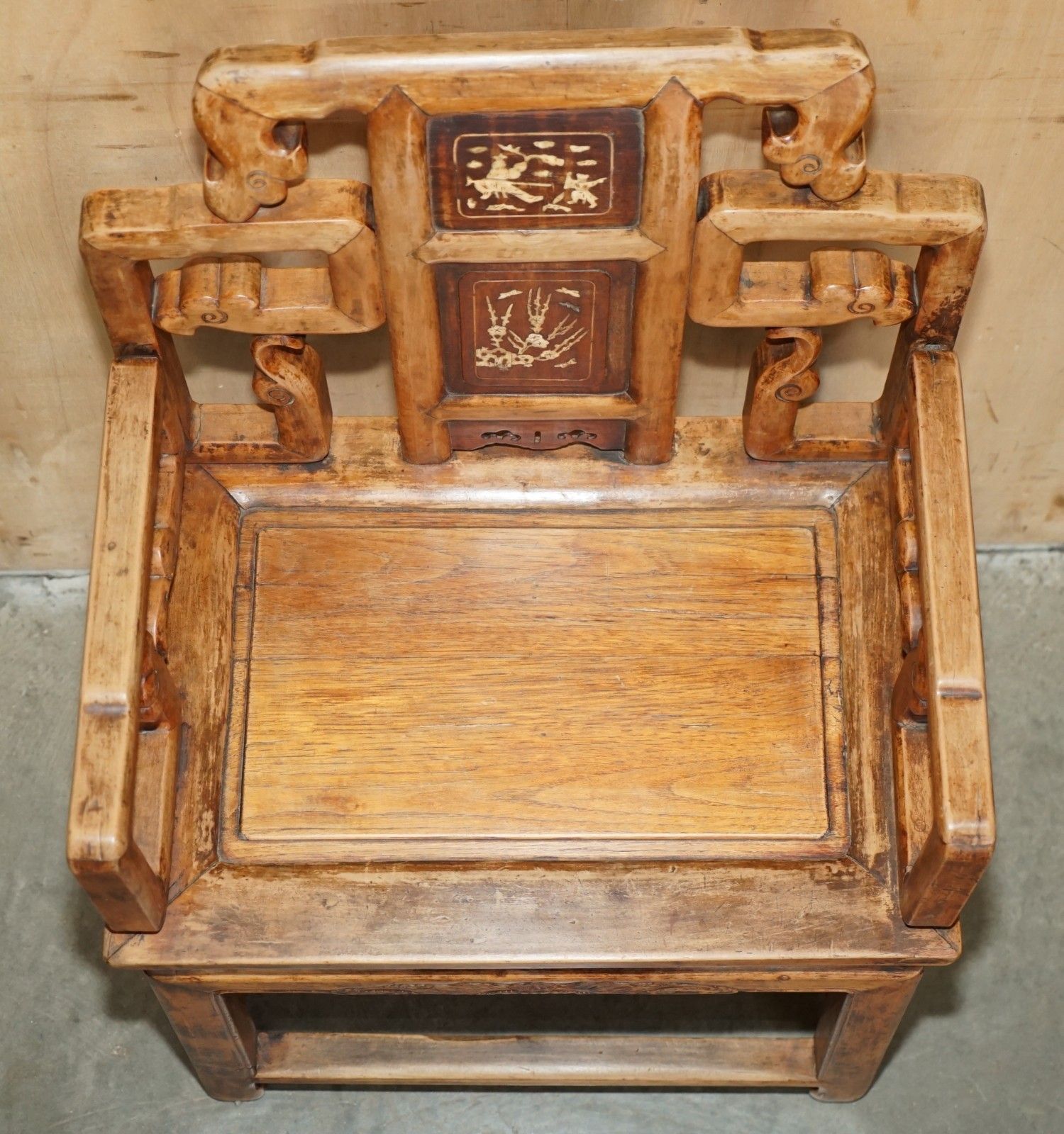 Furniture Pair Of Antique Chinese Elm Inlaid Armchairs Circa 1920 Lovely Timber Patina photo