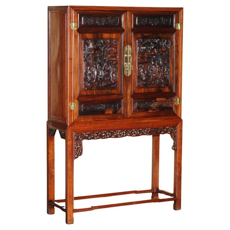 A Fine 19th Century Carved Huanghuali Two Door Cabinet On Stand Qing Dynasty