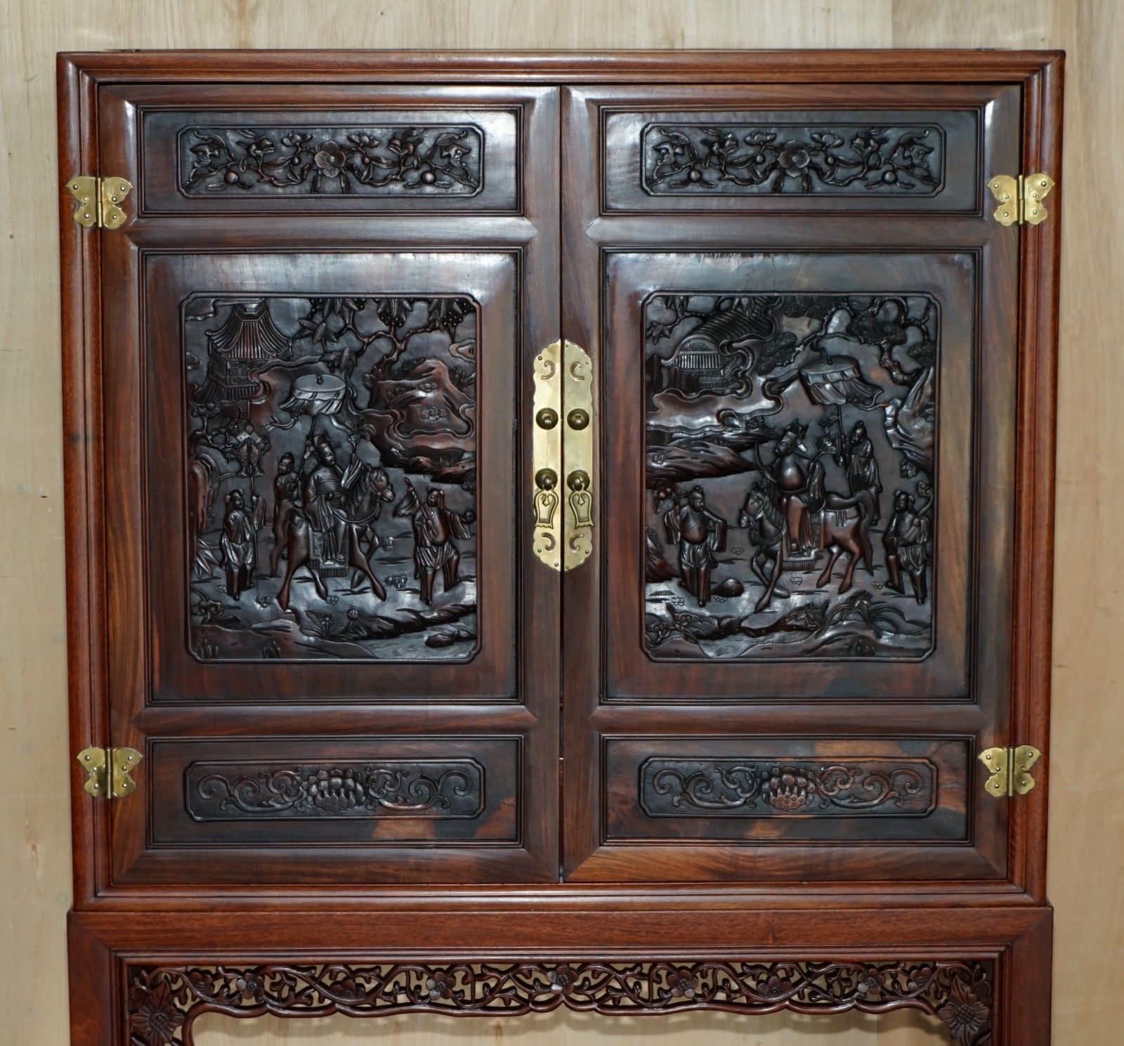 A Fine 19th Century Carved Huanghuali Two Door Cabinet On Stand Qing Dynasty photo for sale