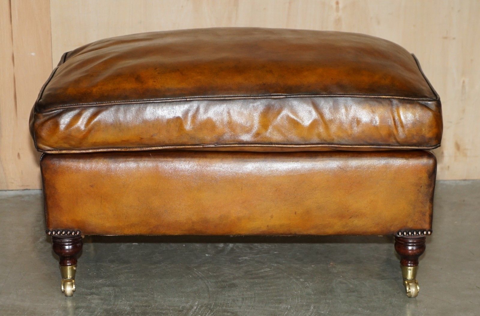 Feather Filled Restored Hand Dyed Brown Leather Ottoman Footstool Part Of Suite photo furniture