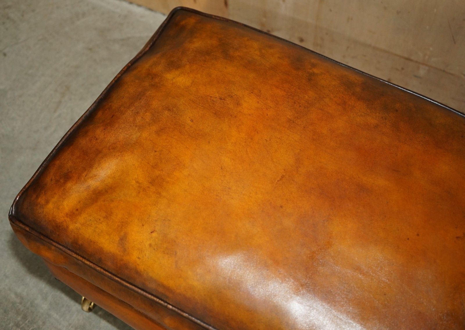 Feather Filled Restored Hand Dyed Brown Leather Ottoman Footstool Part Of Suite photo vinterior