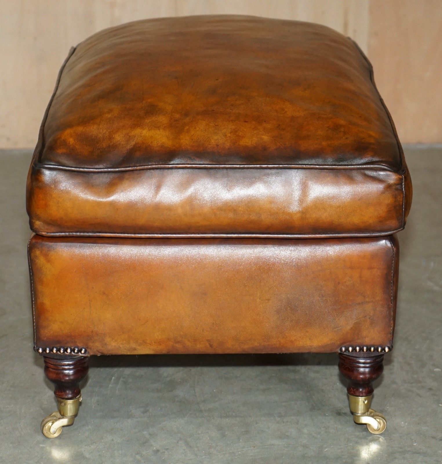 Feather Filled Restored Hand Dyed Brown Leather Ottoman Footstool Part Of Suite photo vintage