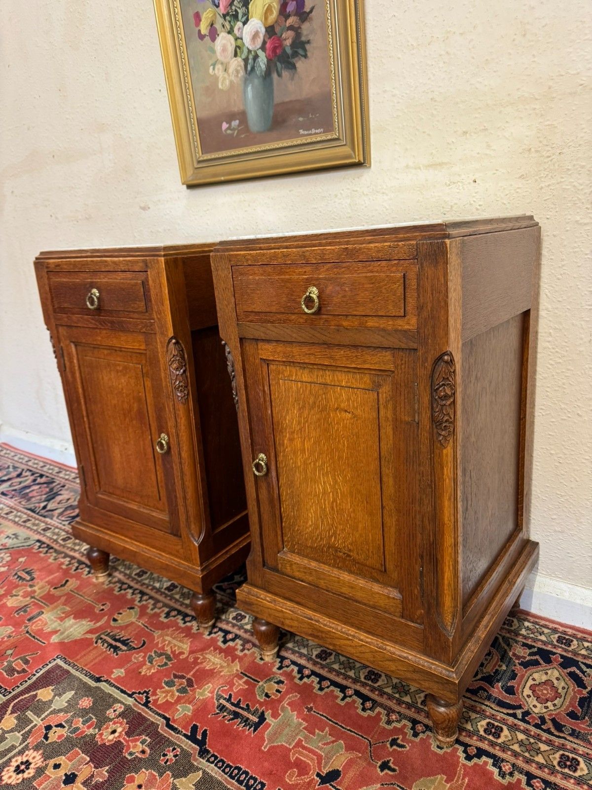 Pair Of Antique French Oak Marble Top Bedside Cabinets Circa 1910 photo for sale
