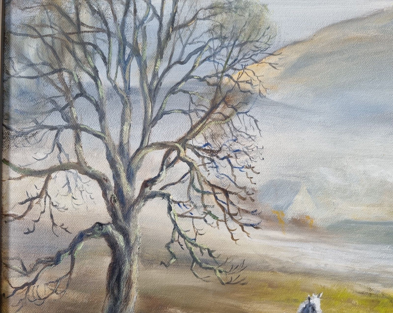 Vintage Framed Oil Painting British Landscape Horse Cattle Cottage Mountains '85 photo vintage