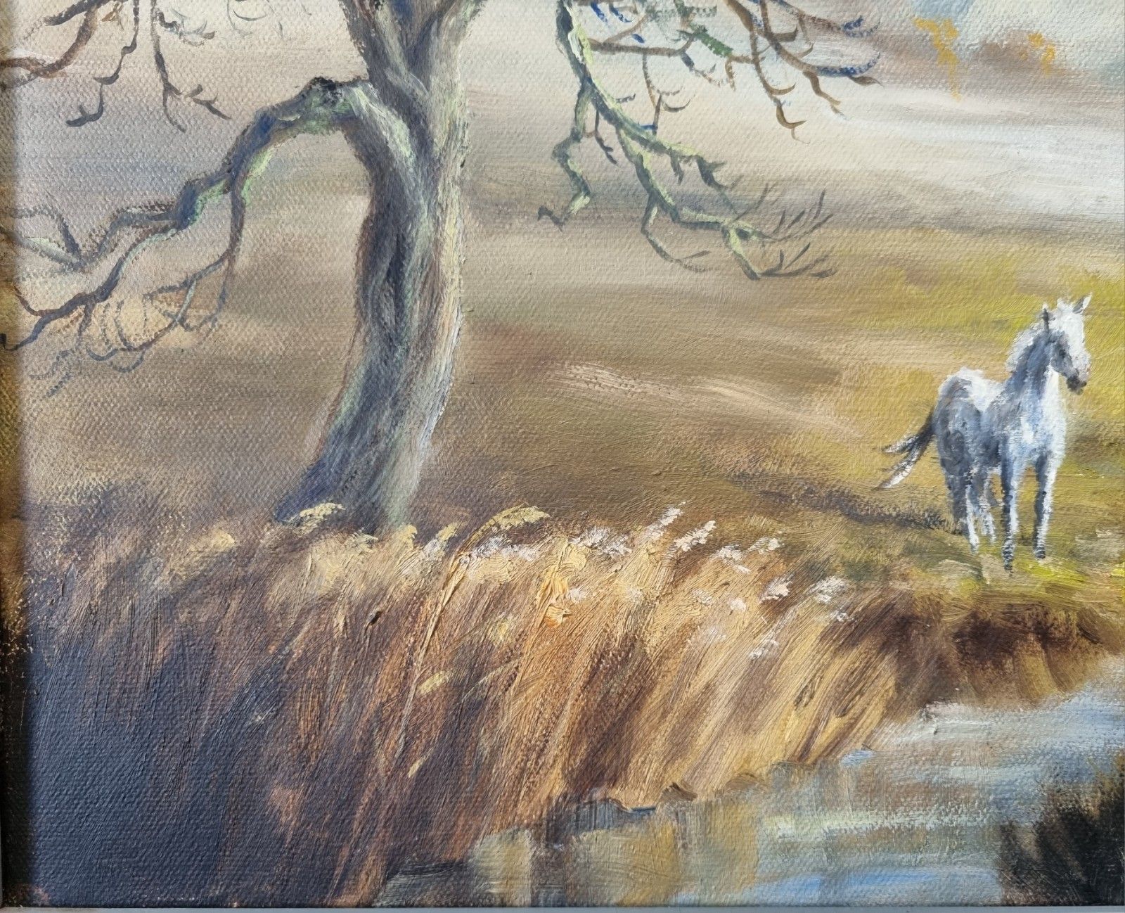 photo furniture Vintage Framed Oil Painting British Landscape Horse Cattle Cottage Mountains '85