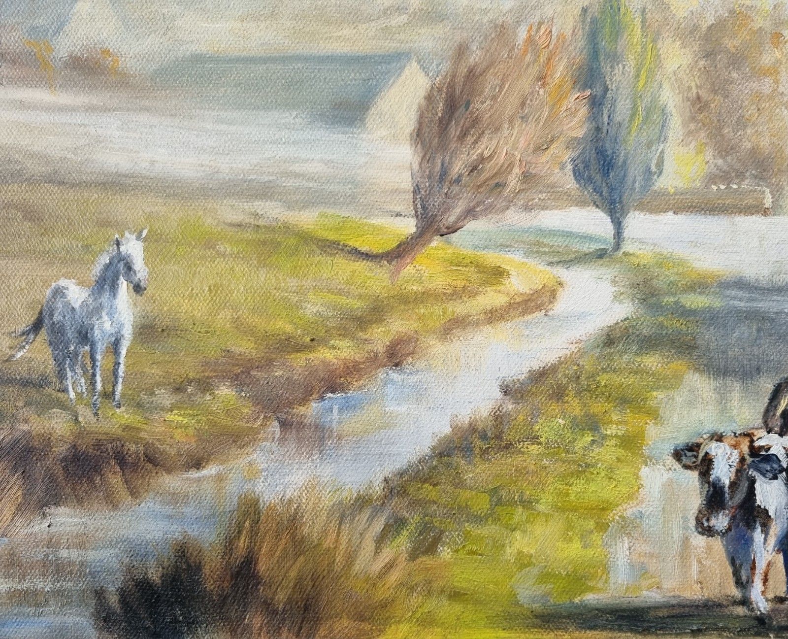 photo for sale Vintage Framed Oil Painting British Landscape Horse Cattle Cottage Mountains '85