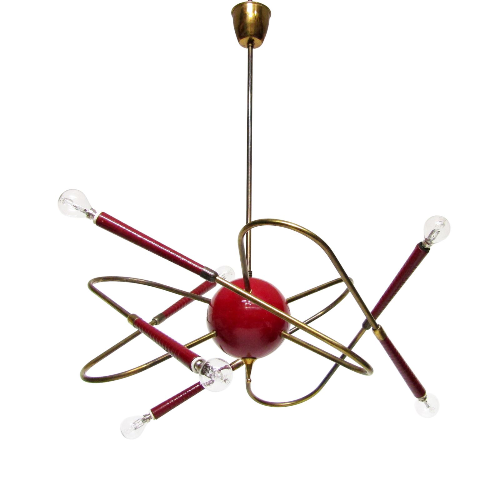 Rare Italian 1950s Sputnik Chandelier In Red Enamel & Brass By Stilnovo photo Lighting