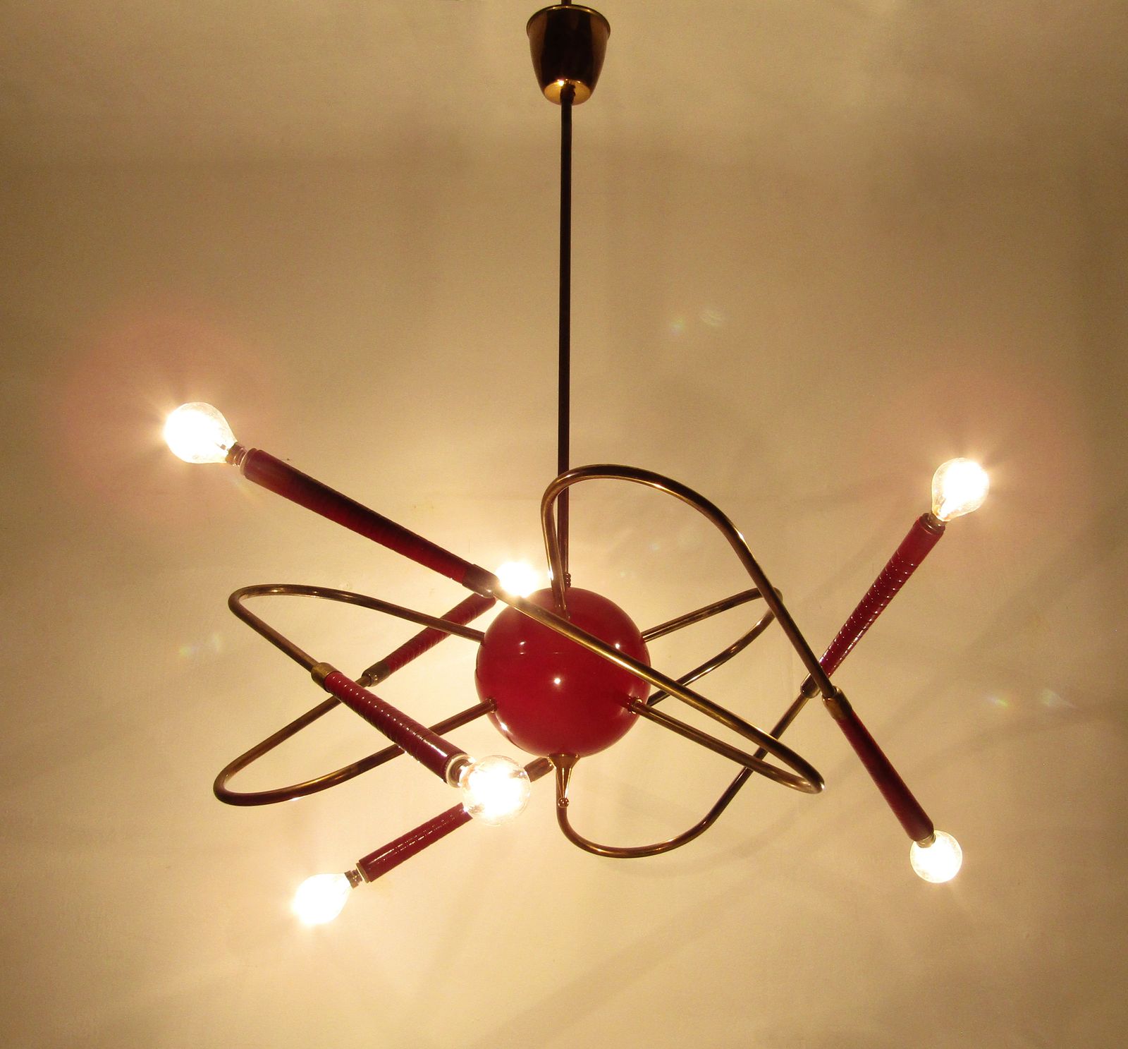 Rare Italian 1950s Sputnik Chandelier In Red Enamel & Brass By Stilnovo photo 4500.0