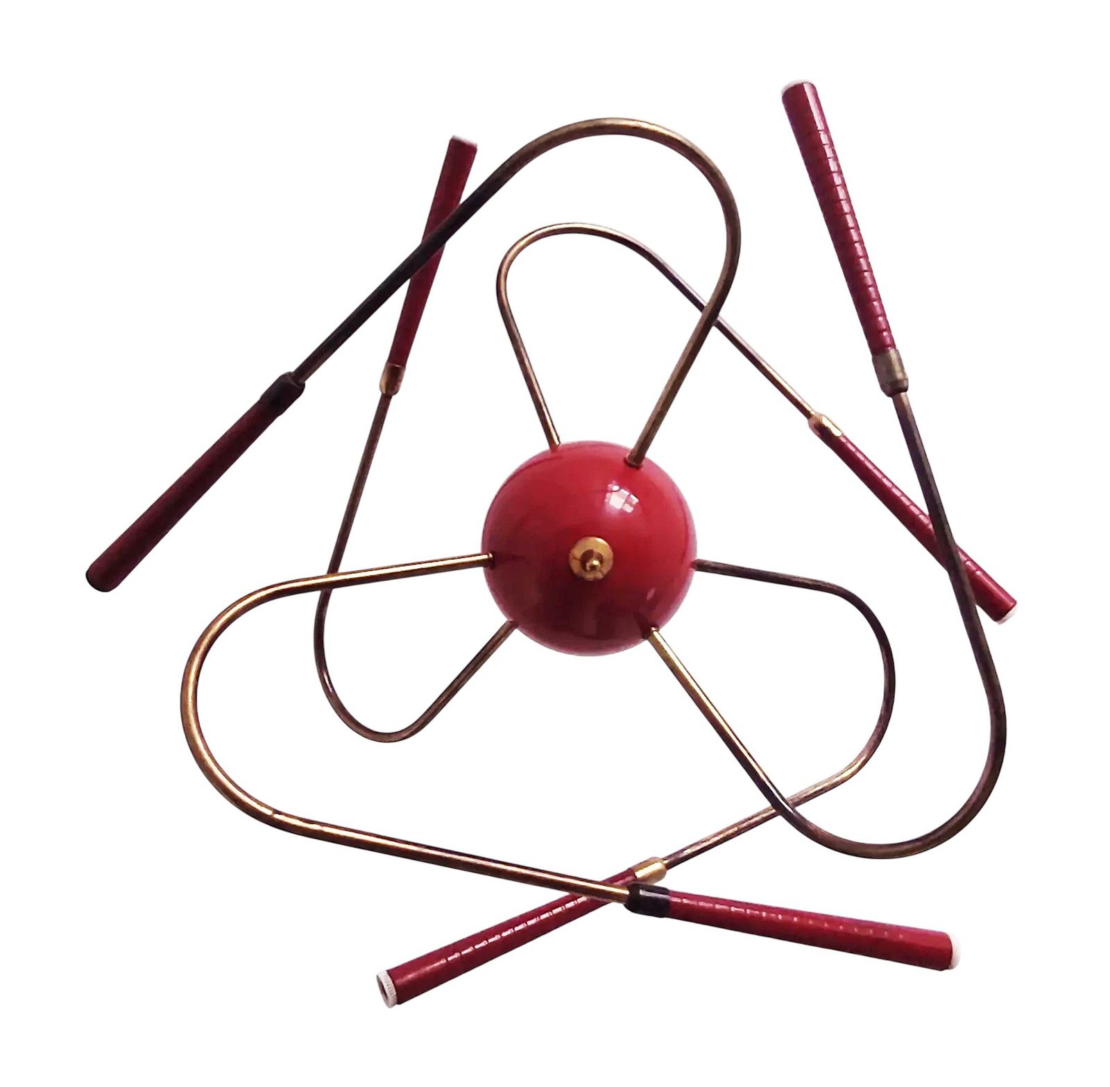 Rare Italian 1950s Sputnik Chandelier In Red Enamel & Brass By Stilnovo photo vinterior