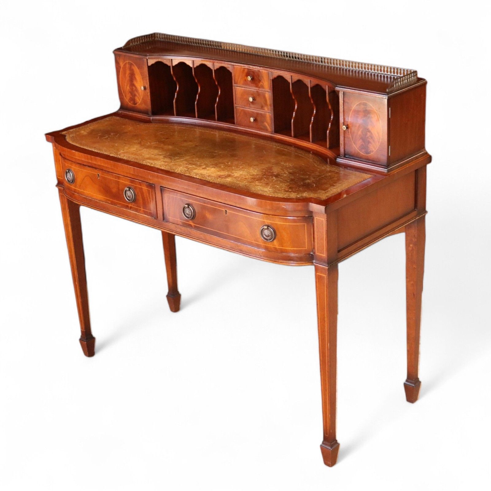 Vintage Mahogany Bonheur Du Jour Leather Top Regency Style Writing Desk