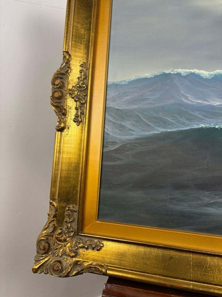 Oil On Canvas Seascape Painting – Signed “Sauli” – Ornate Gilt Frame photo 319.0