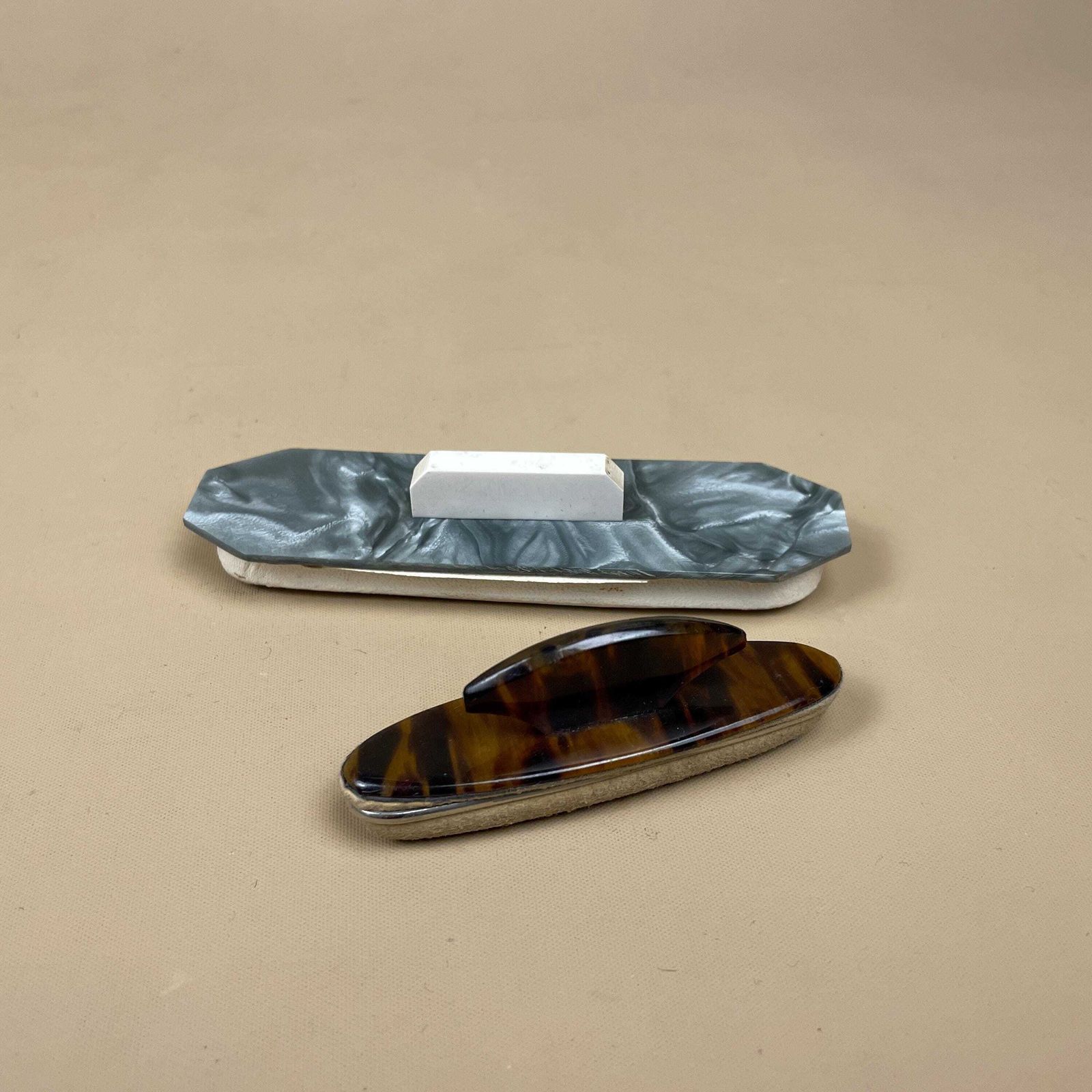 Vintage Nail Buffer Pair Faux Tortoiseshell Plastic Felt Manicure Tools Set X2 Mid Century Vanity Beauty Tools
