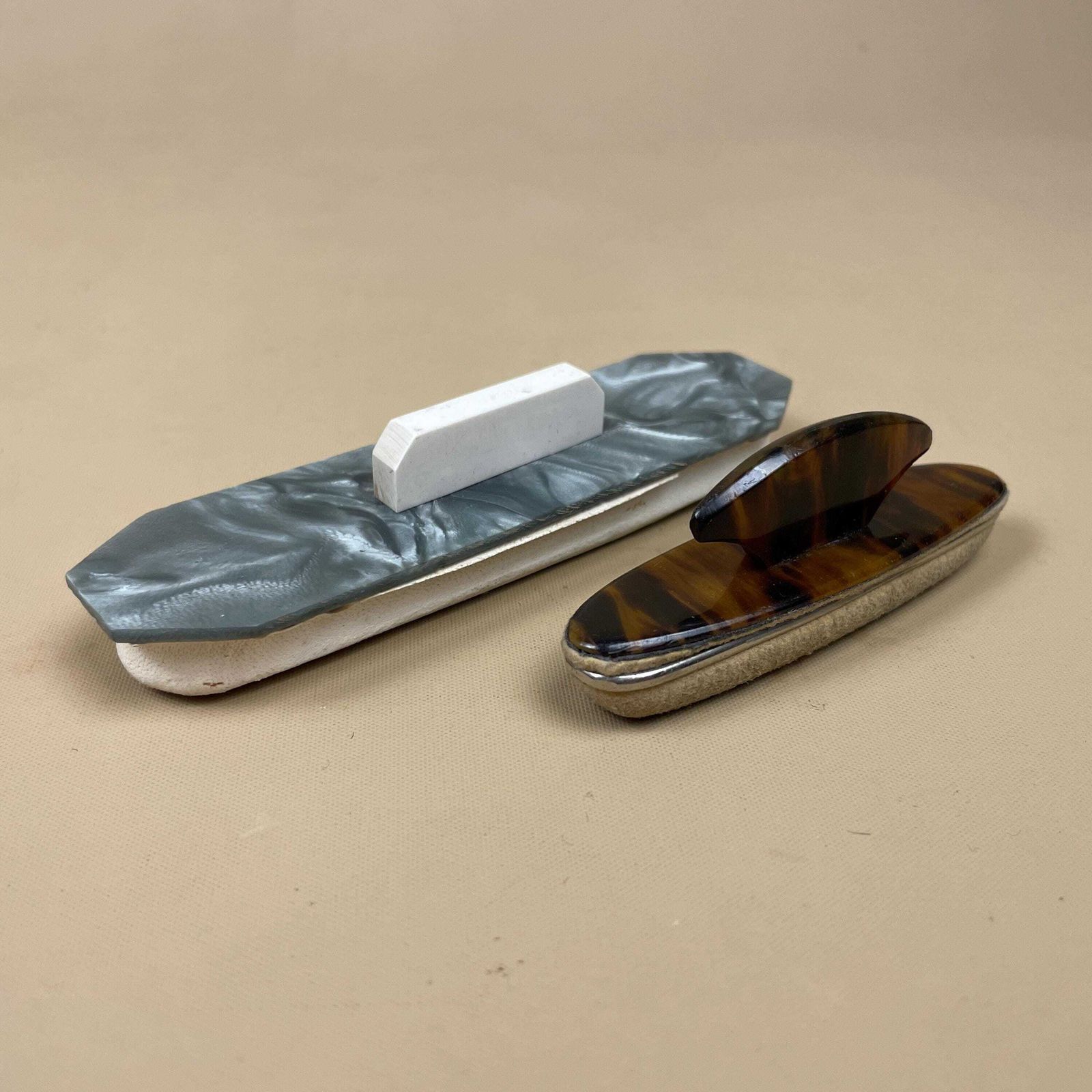 Vintage Nail Buffer Pair Faux Tortoiseshell Plastic Felt Manicure Tools Set X2 Mid Century Vanity Beauty Tools photo Home Decor