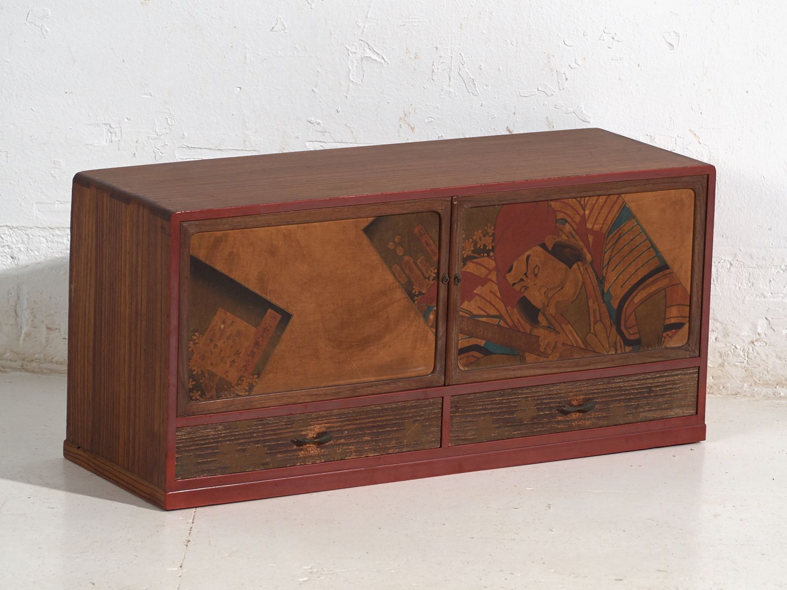 Japanese Cabinet With Kabuki Decorated Sliding Doors In Paulownia Wood, Early Showa Period, Circa 1926–1970