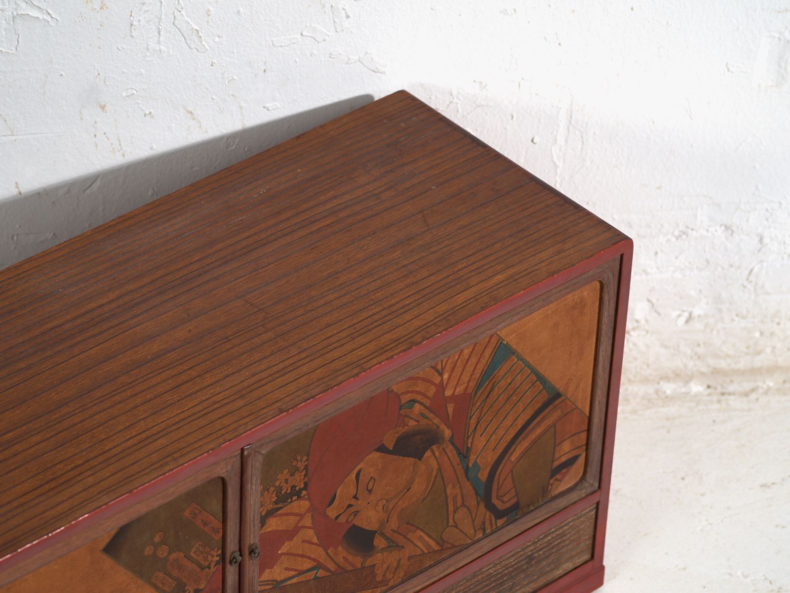 Japanese Cabinet With Kabuki Decorated Sliding Doors In Paulownia Wood, Early Showa Period, Circa 1926–1970 photo furniture