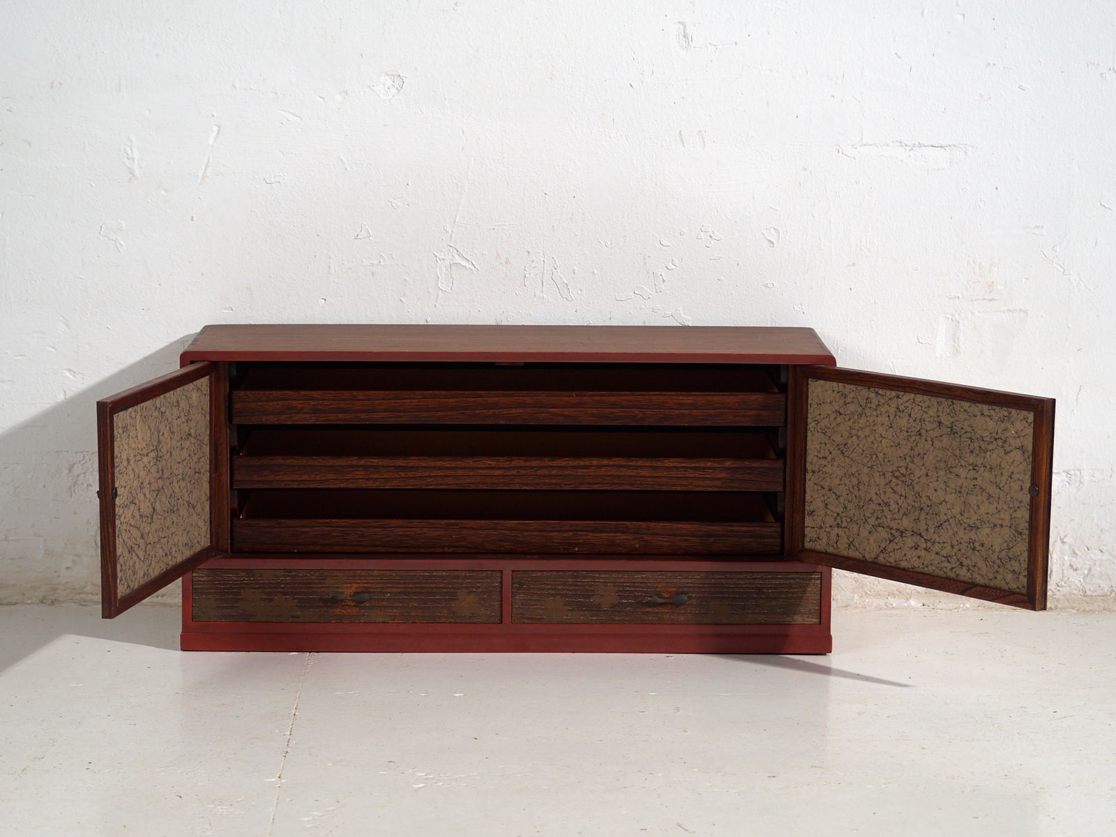 Furniture Japanese Cabinet With Kabuki Decorated Sliding Doors In Paulownia Wood, Early Showa Period, Circa 1926–1970 photo