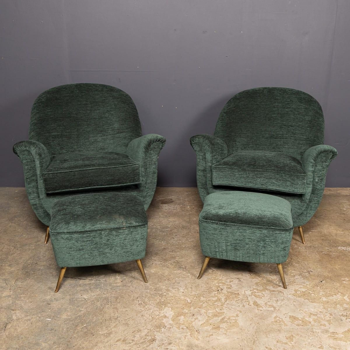 Vintage 20thc Italian Pair Of Green Fabric Armchairs With Ottomans C.1950 photo furniture