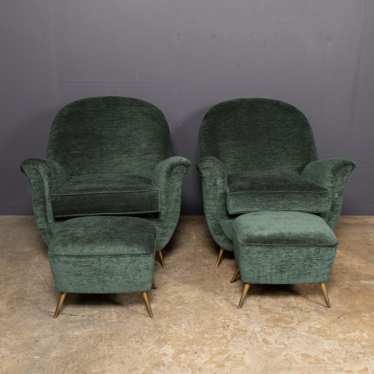 Vintage 20thc Italian Pair Of Green Fabric Armchairs With Ottomans C.1950 photo for sale