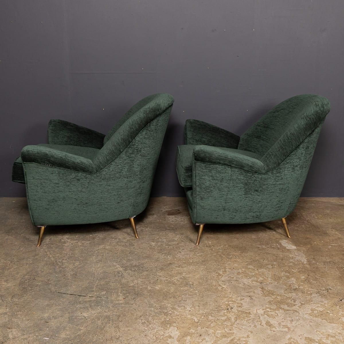 Vintage 20thc Italian Pair Of Green Fabric Armchairs With Ottomans C.1950 photo Furniture