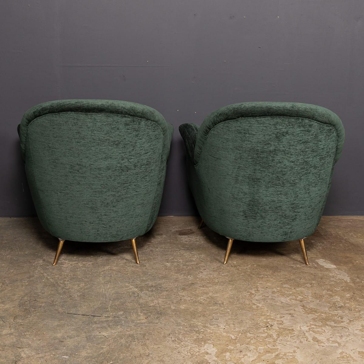 Vintage 20thc Italian Pair Of Green Fabric Armchairs With Ottomans C.1950 photo 8653.0