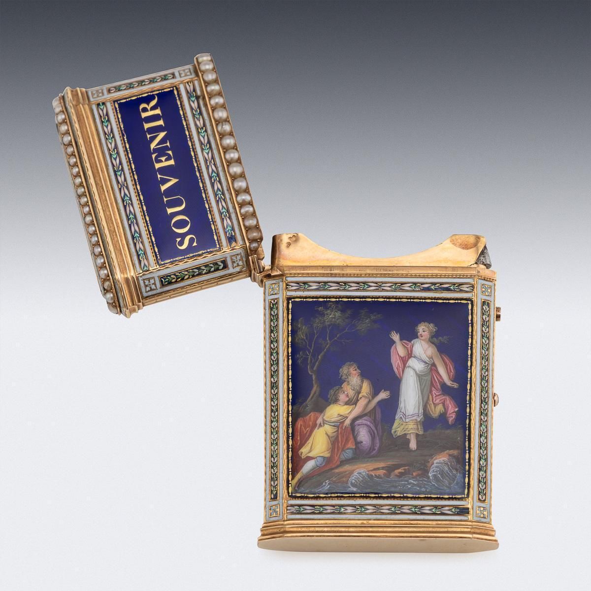 Antique 18thc Swiss Gold, Enamel & Seed Pearl Aide Memoire "Souvenir" Box C.1790 photo vinterior
