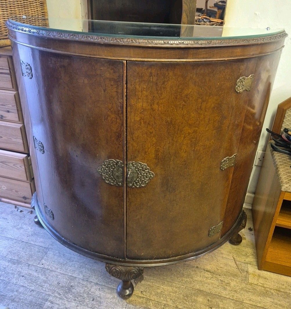 Early 20thc Burr Walnut Demi Lune Side Cocktail Drinks Cabinet By G & F
