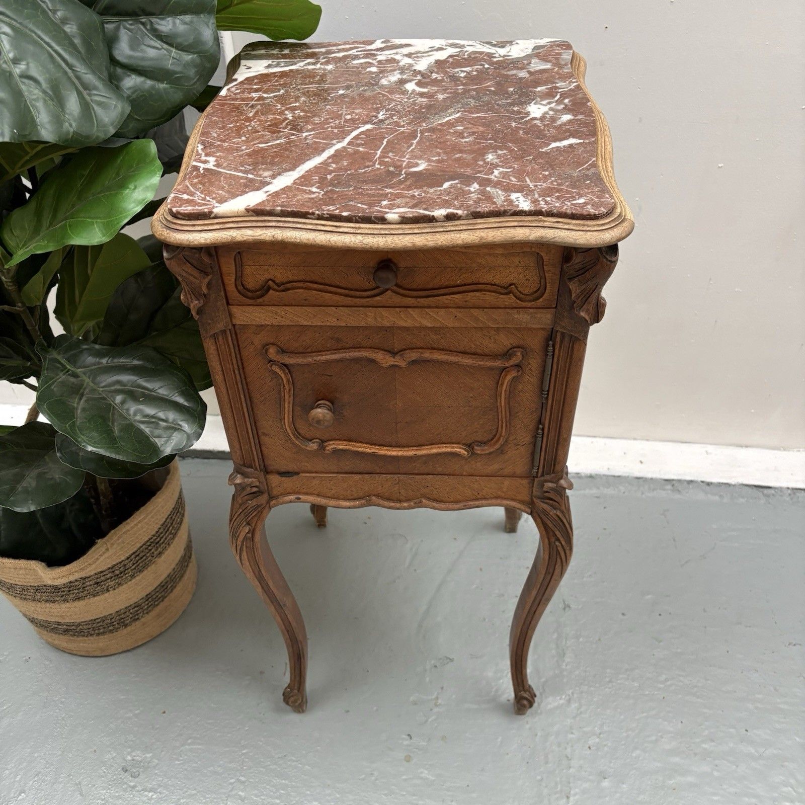 Antique French Louis XV Style Walnut & Marble Top Bedside Cabinet Nightstand photo furniture