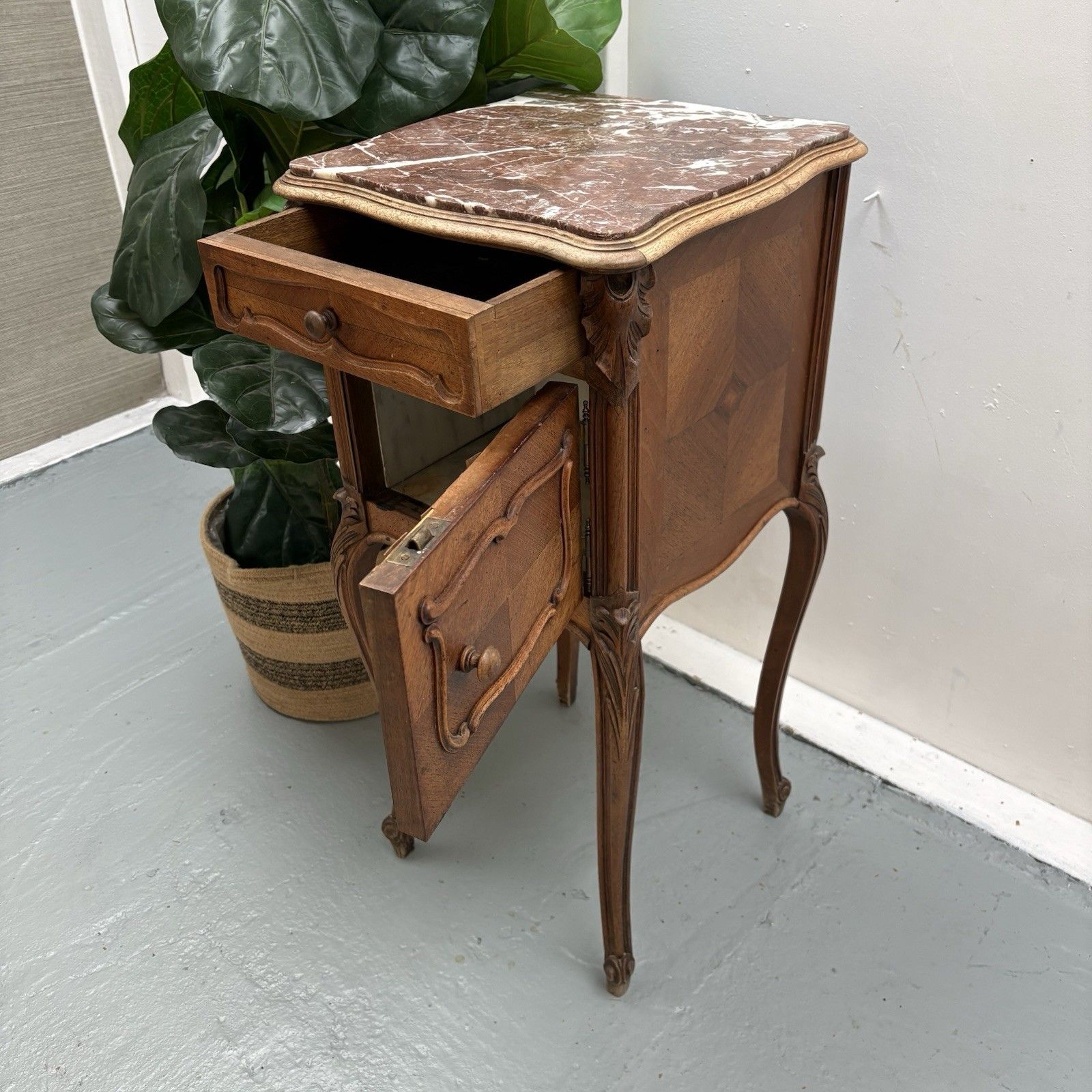 195.0 Antique French Louis XV Style Walnut & Marble Top Bedside Cabinet Nightstand photo