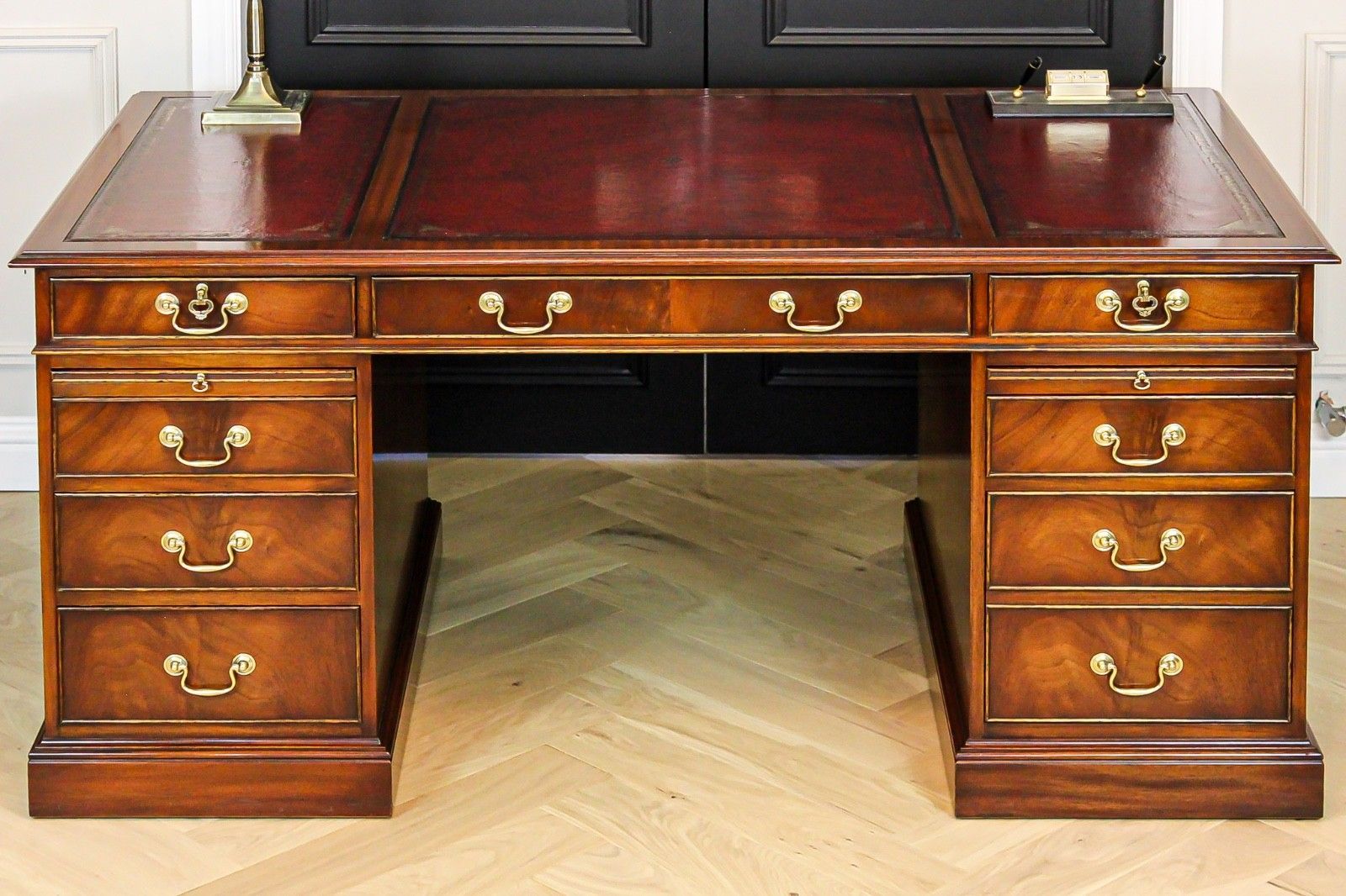 photo buy Antique Mahogany Pedestal Partners Leather Top Desk, Captains Chair & Cabinet