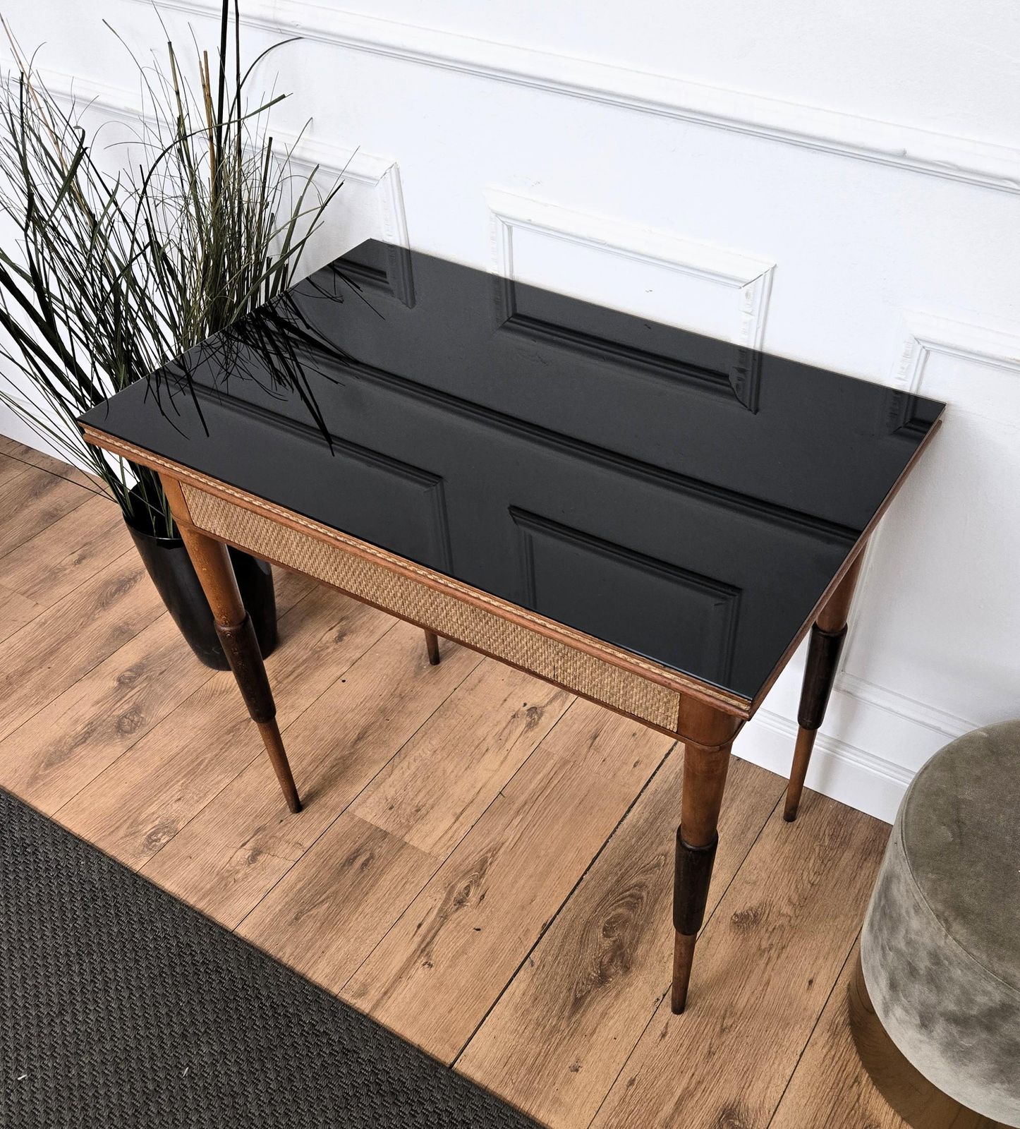 photo furniture 1960s Mid Century Italian Walnut Rattan And Black Glass Top Writing Desk Table