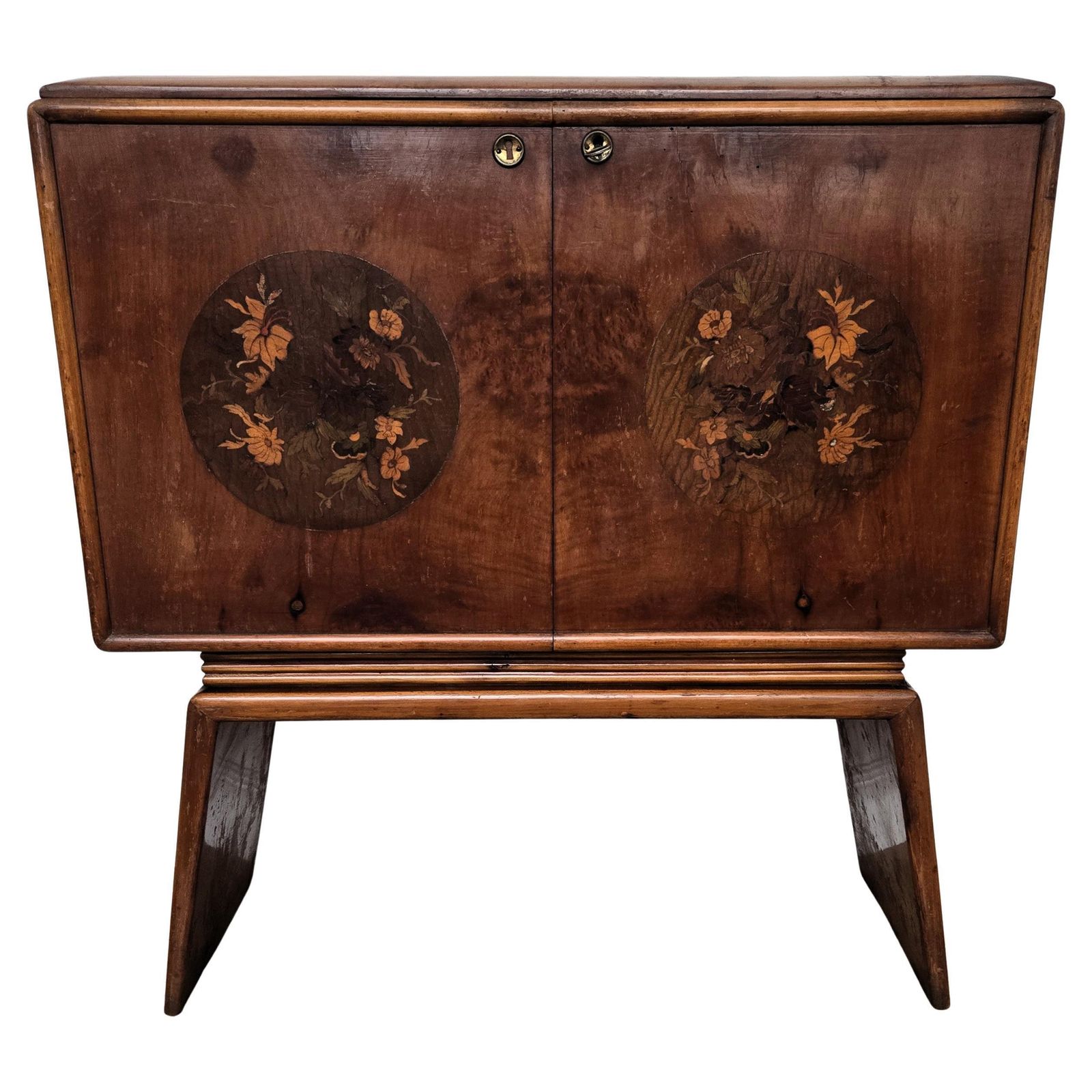 1950s Art Deco Mid Century Italian Walnut Mirror Mosaic Sideboard Bar Cabinet