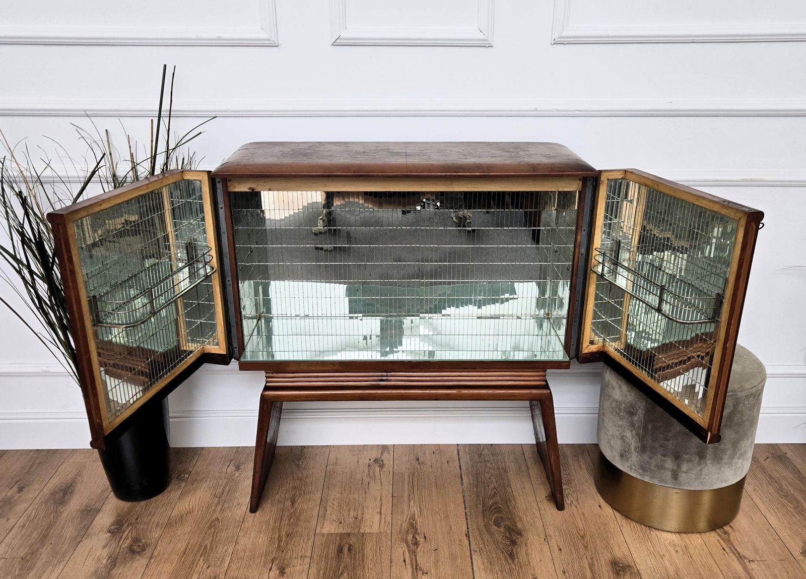 photo for sale 1950s Art Deco Mid Century Italian Walnut Mirror Mosaic Sideboard Bar Cabinet