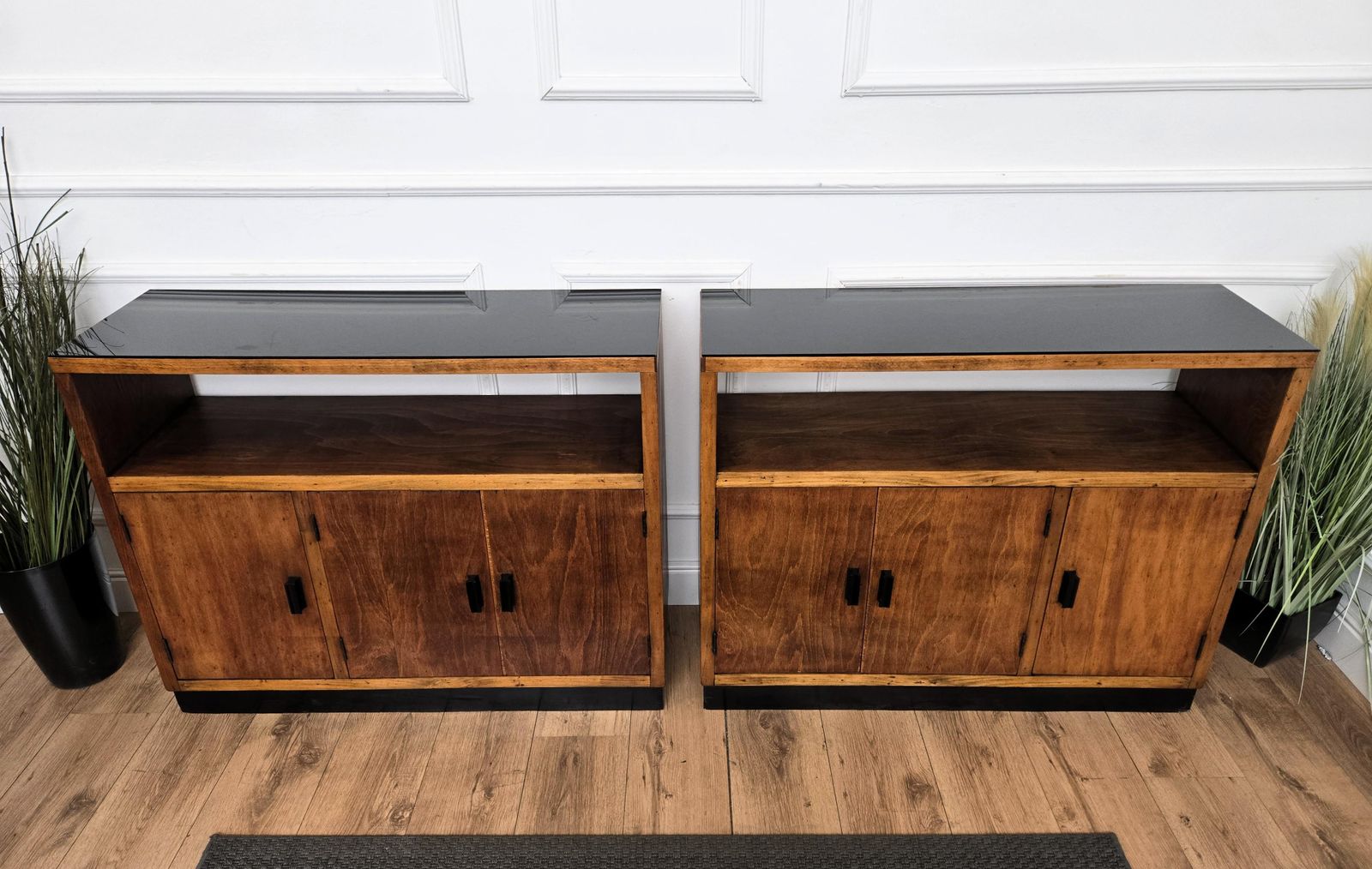 photo for sale Pair Of 70s Mid Century Regency Art Deco Italian Wood Console Sideboard Credenza