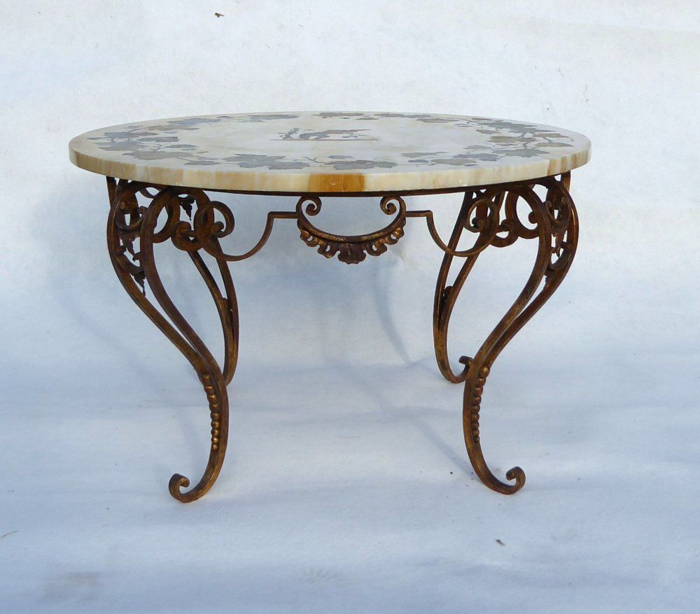 Antique French Italian Wrought Iron Coffee Tablr Witn Pietra Dura Marble Top And Pattern Of Vignes And Cherub, 1890s