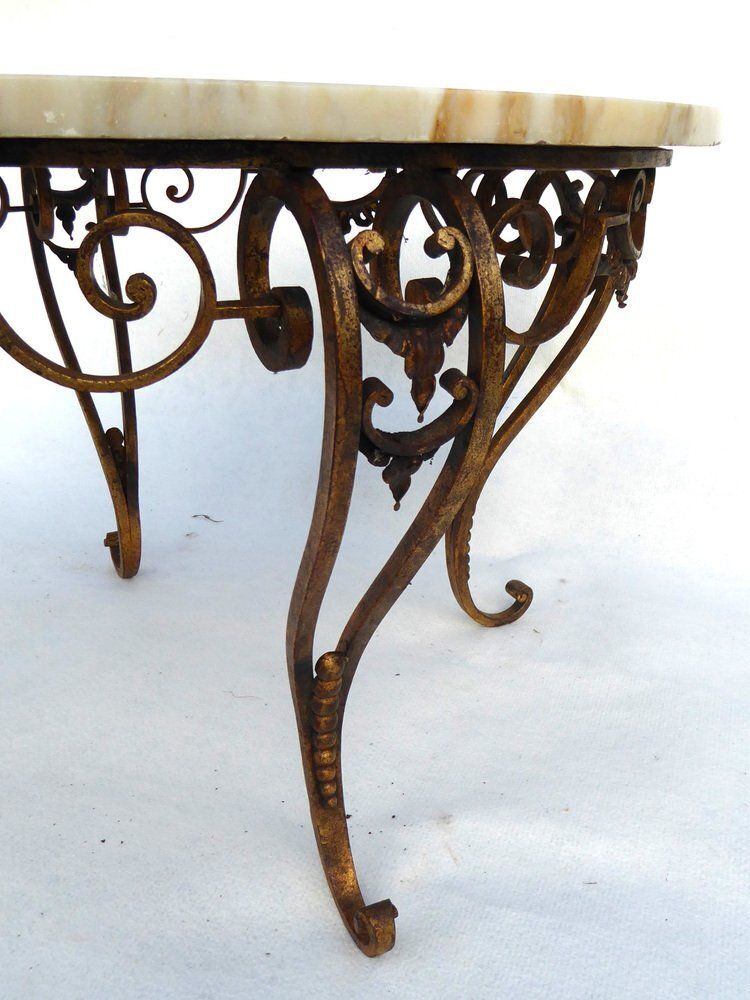 photo for sale Antique French Italian Wrought Iron Coffee Tablr Witn Pietra Dura Marble Top And Pattern Of Vignes And Cherub, 1890s