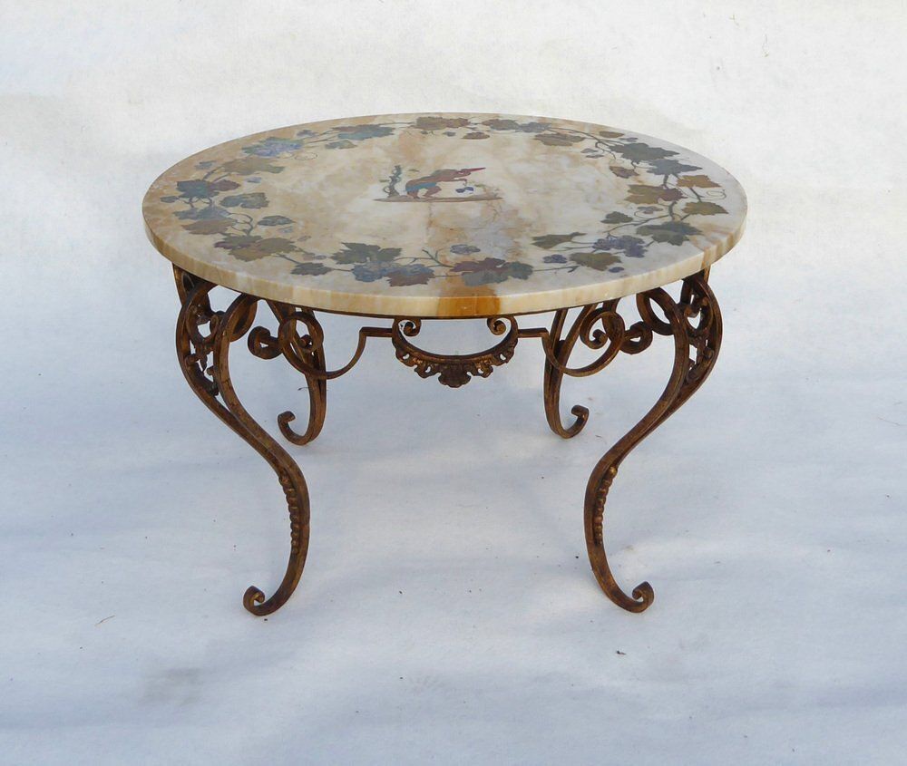 3889.0 Antique French Italian Wrought Iron Coffee Tablr Witn Pietra Dura Marble Top And Pattern Of Vignes And Cherub, 1890s photo
