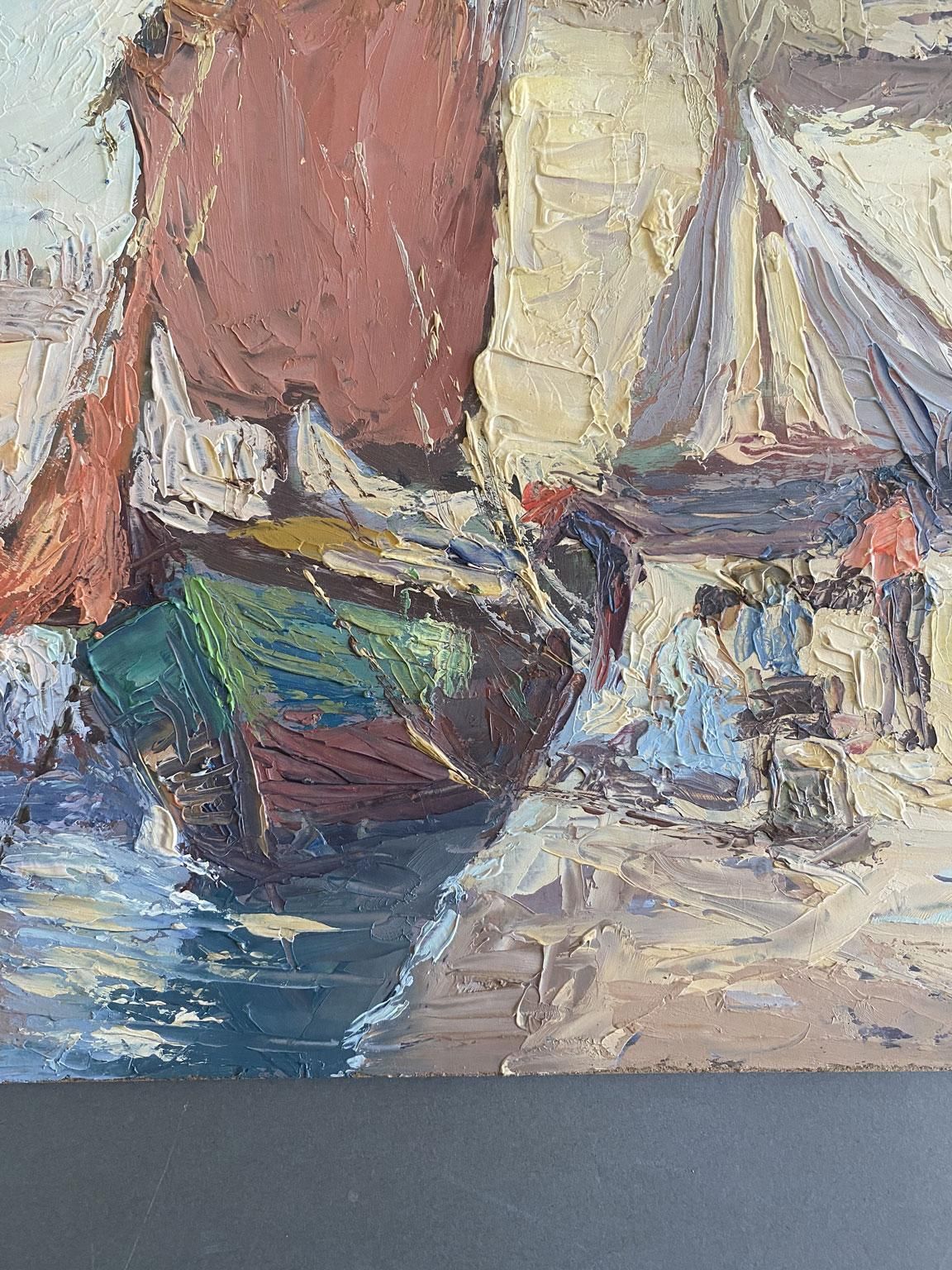 Seascape Oil Painting Of Sailboats, Post Impressionist, Signed, 1979 photo vintage