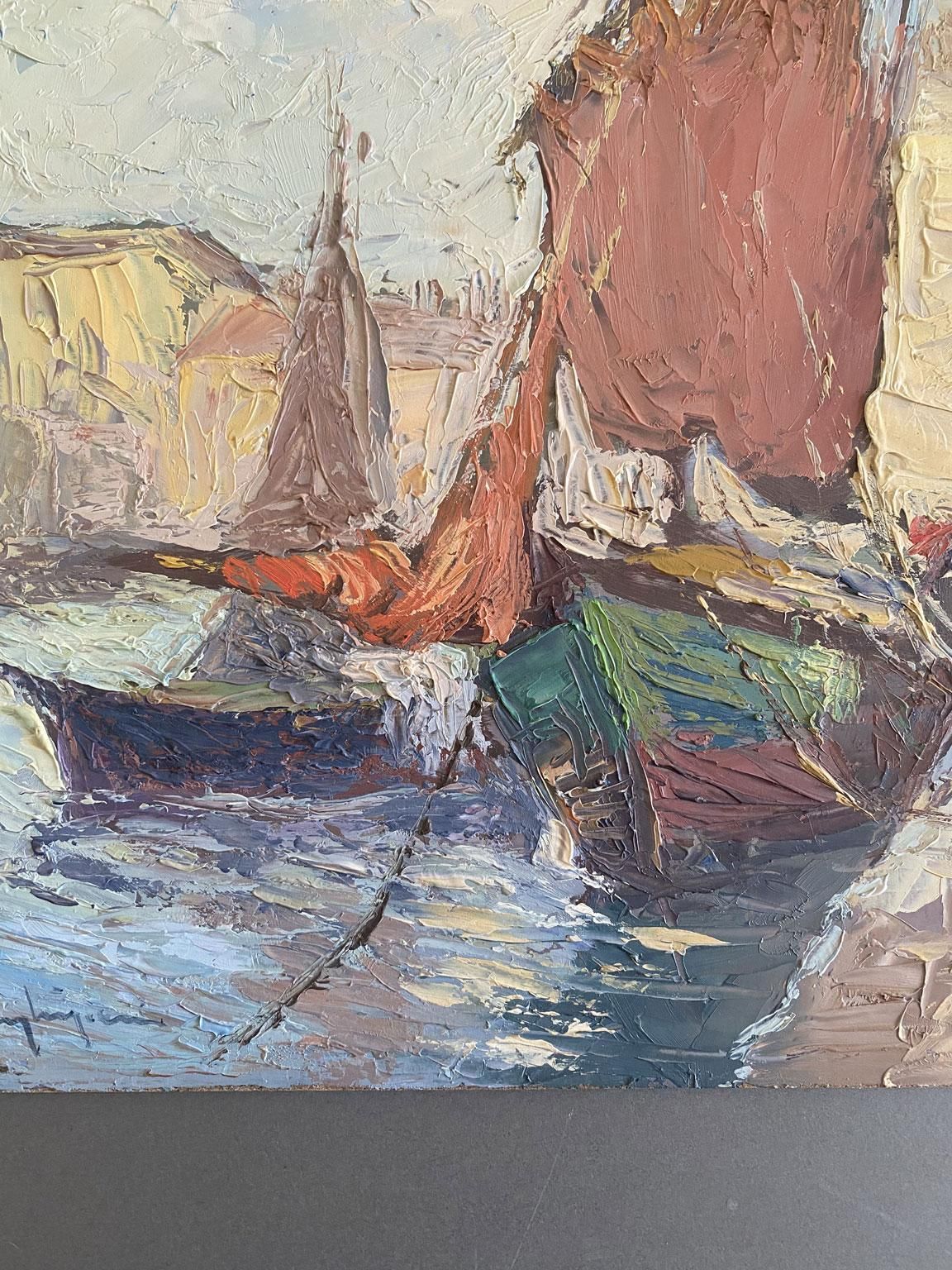 photo furniture Seascape Oil Painting Of Sailboats, Post Impressionist, Signed, 1979