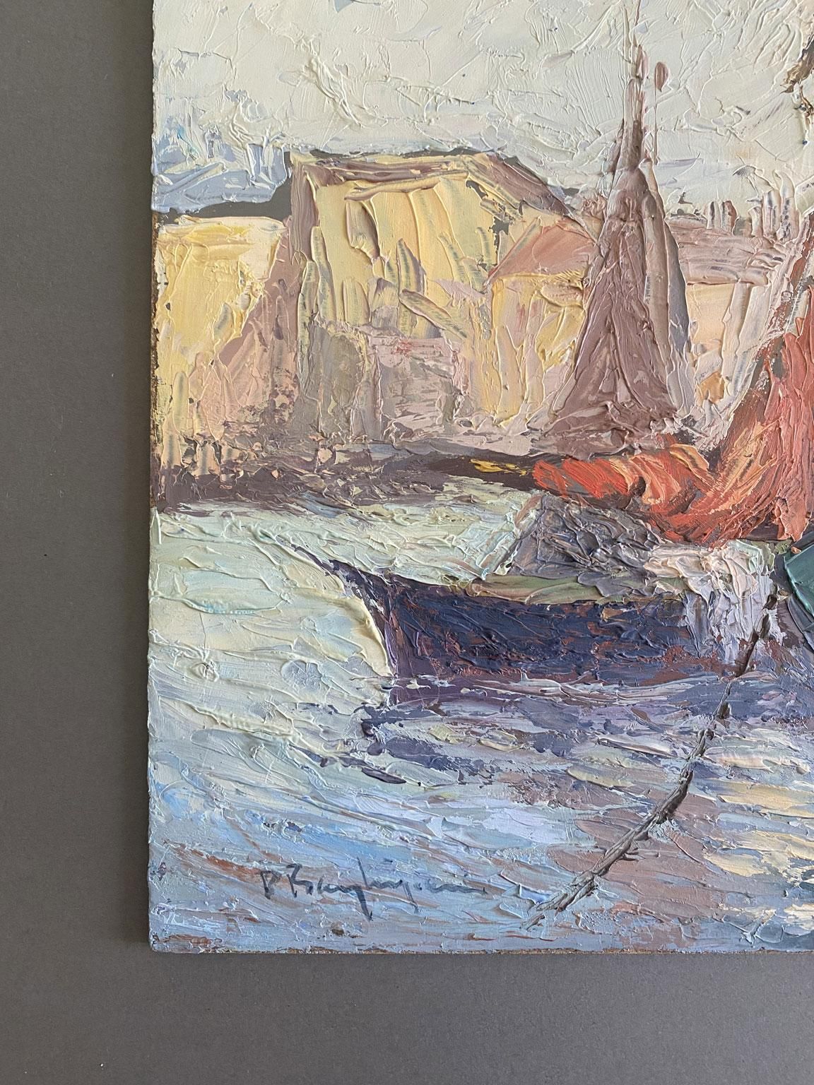 photo for sale Seascape Oil Painting Of Sailboats, Post Impressionist, Signed, 1979