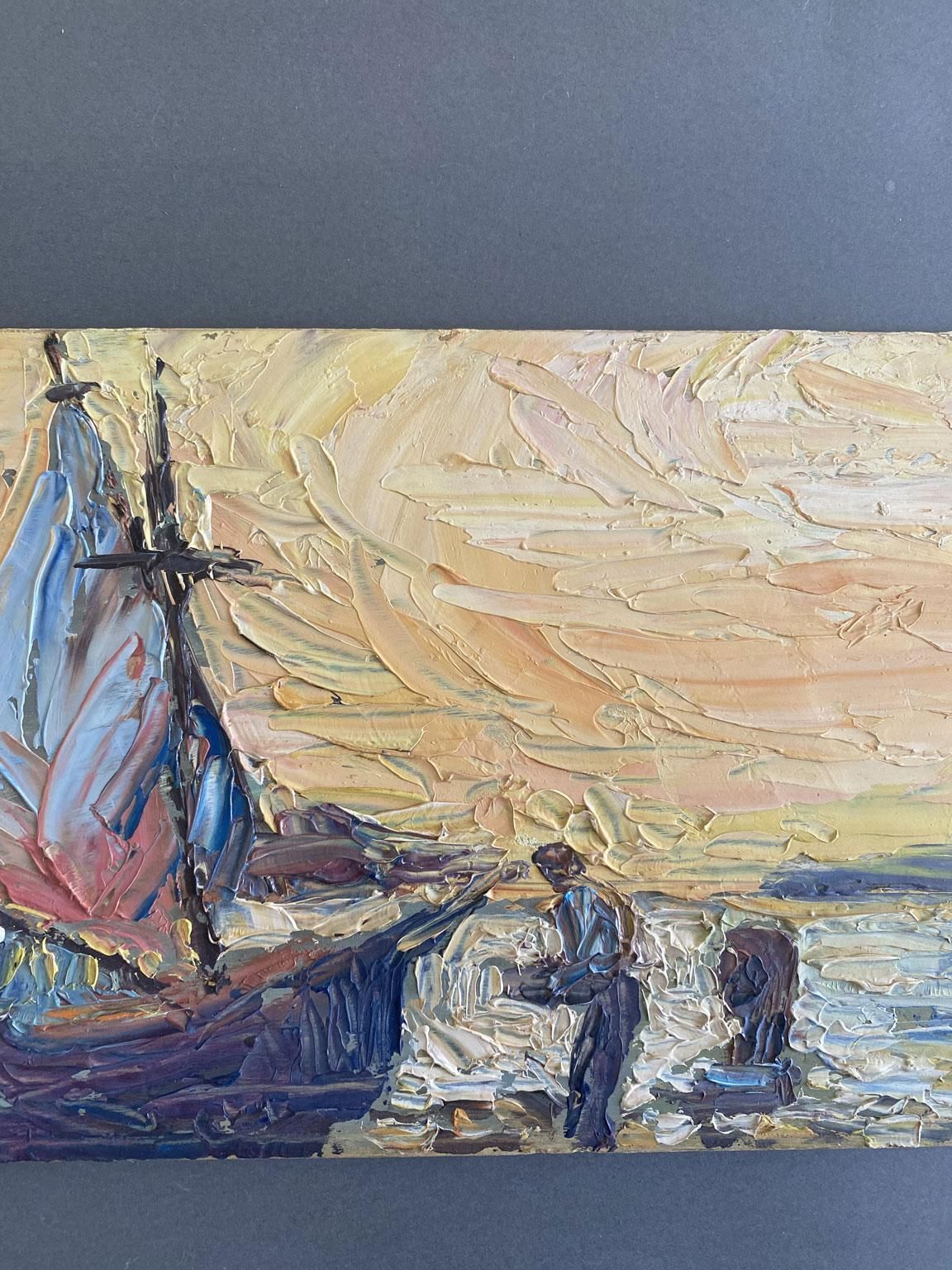Seascape Oil Painting With Sailboat And Figures, Signed, Italy, 1978 photo 827.0