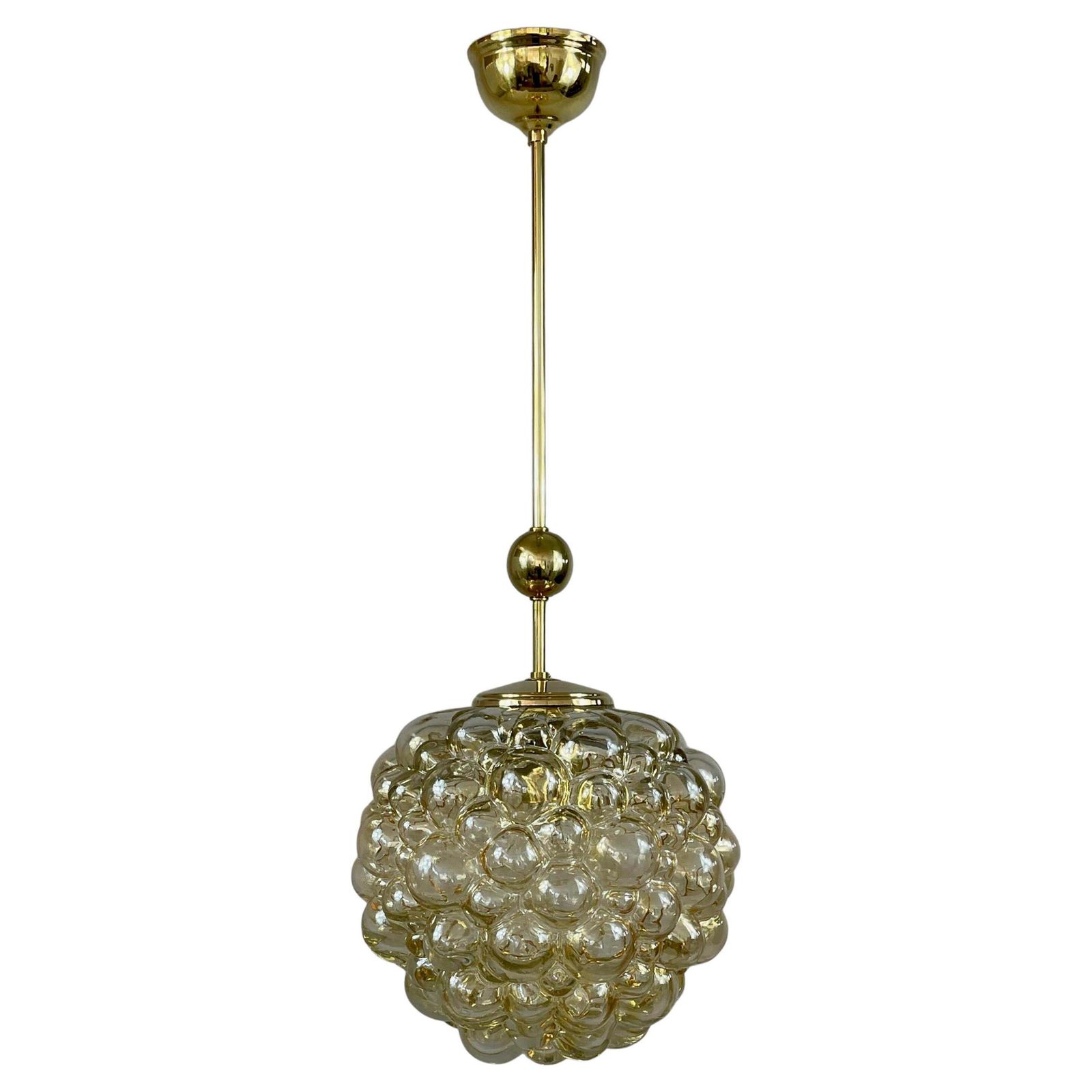 Amber Bubble Glass & Brass Pendant By Helena Tynell For Limburg, Germany 1960s