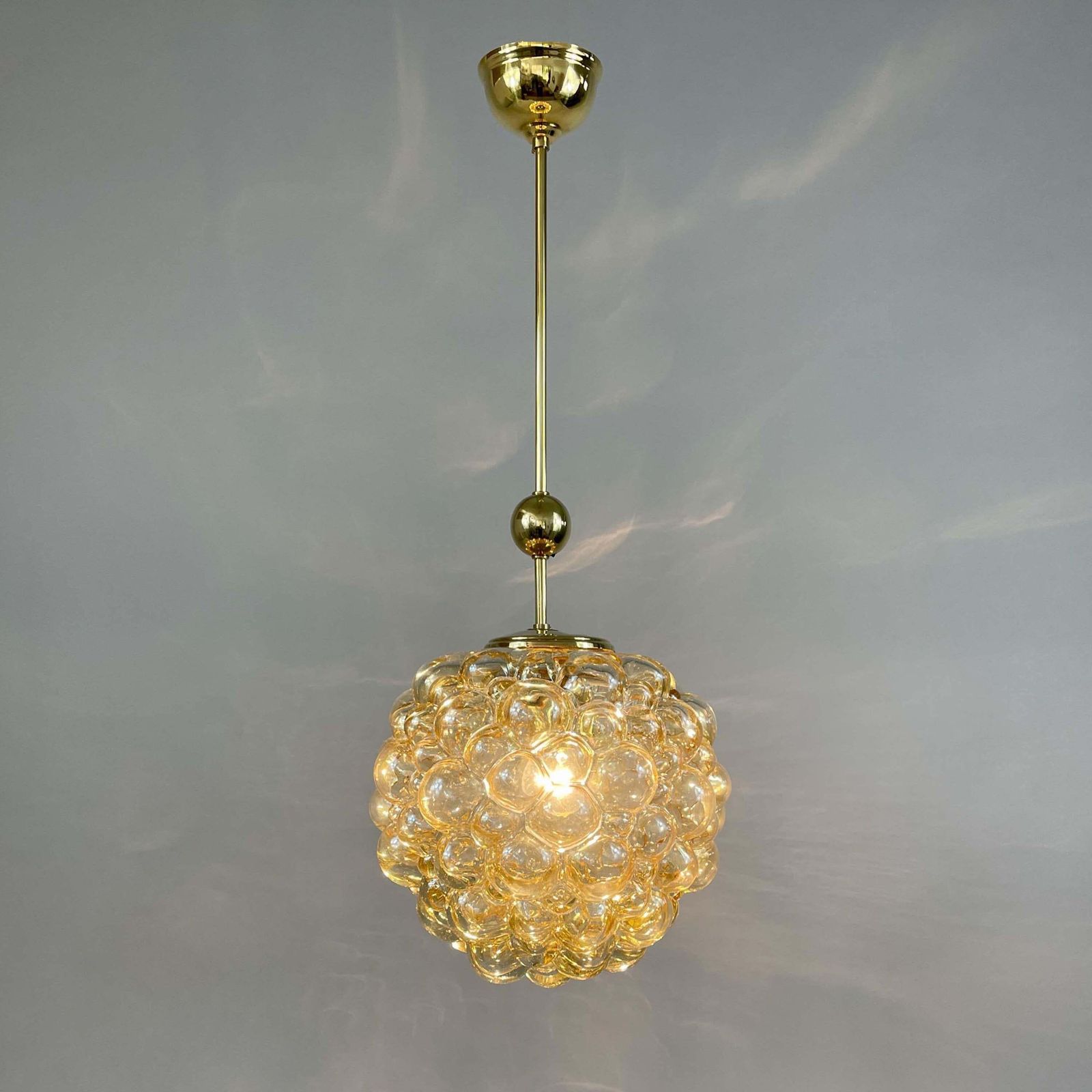 Amber Bubble Glass & Brass Pendant By Helena Tynell For Limburg, Germany 1960s photo Lighting