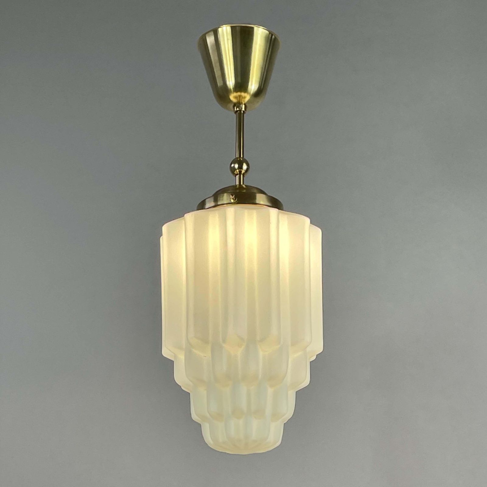 Art Deco White Opaline Glass & Brass Skyscraper Pendant, France 1930s photo 1037.0