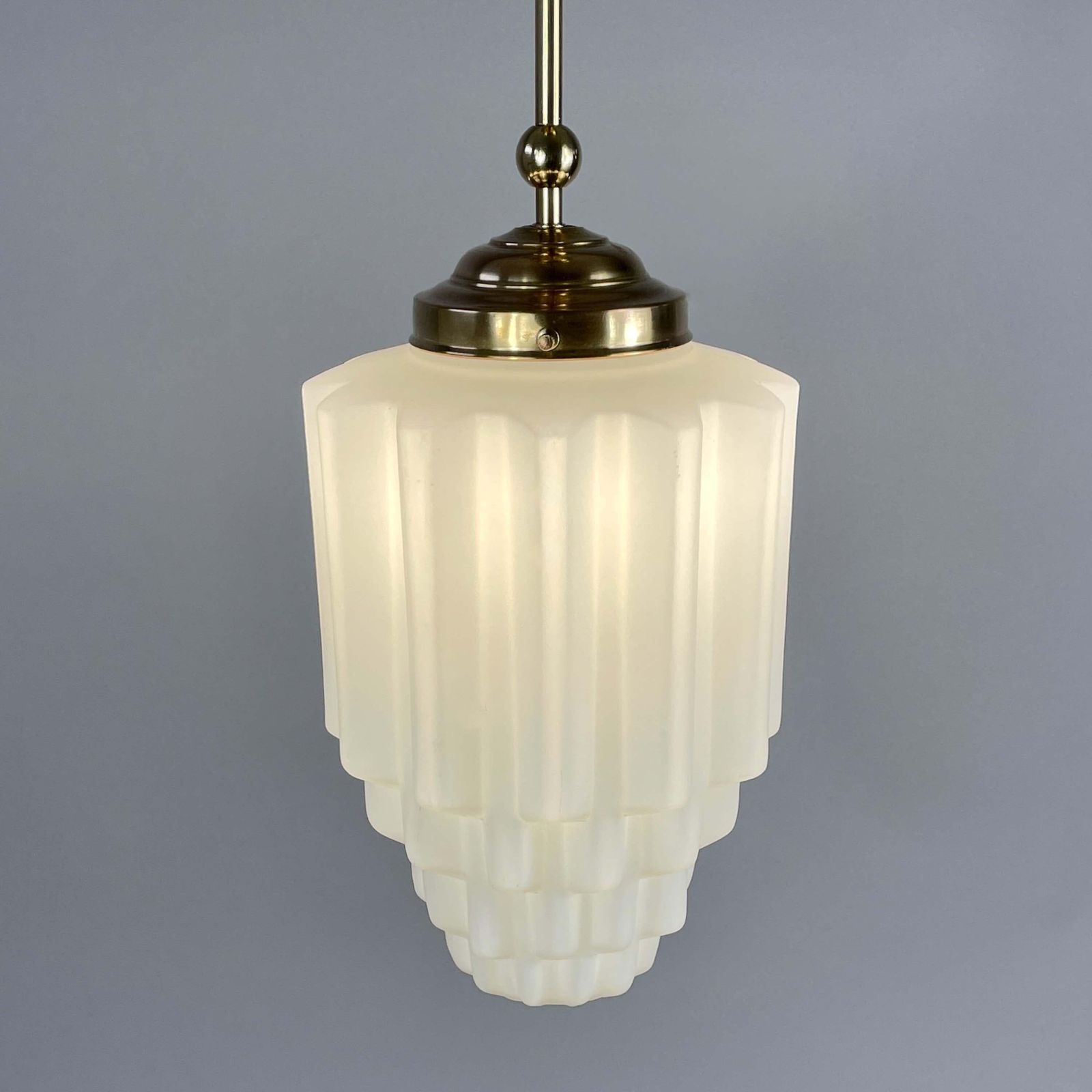 Art Deco White Opaline Glass & Brass Skyscraper Pendant, France 1930s photo buy